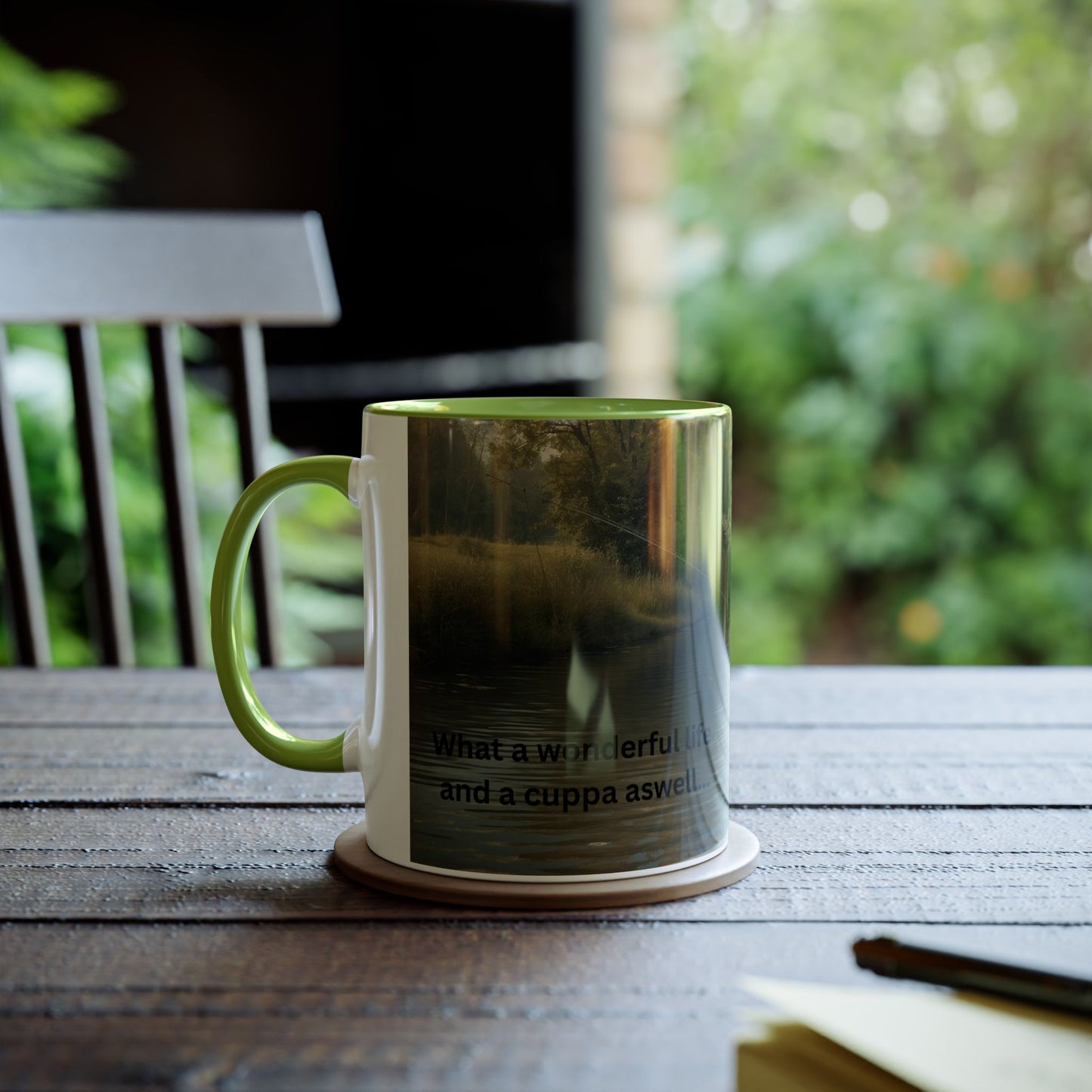 Two-Tone Coffee Mug -  Fishing Scene, with lifestyle Quote for Relaxation,
