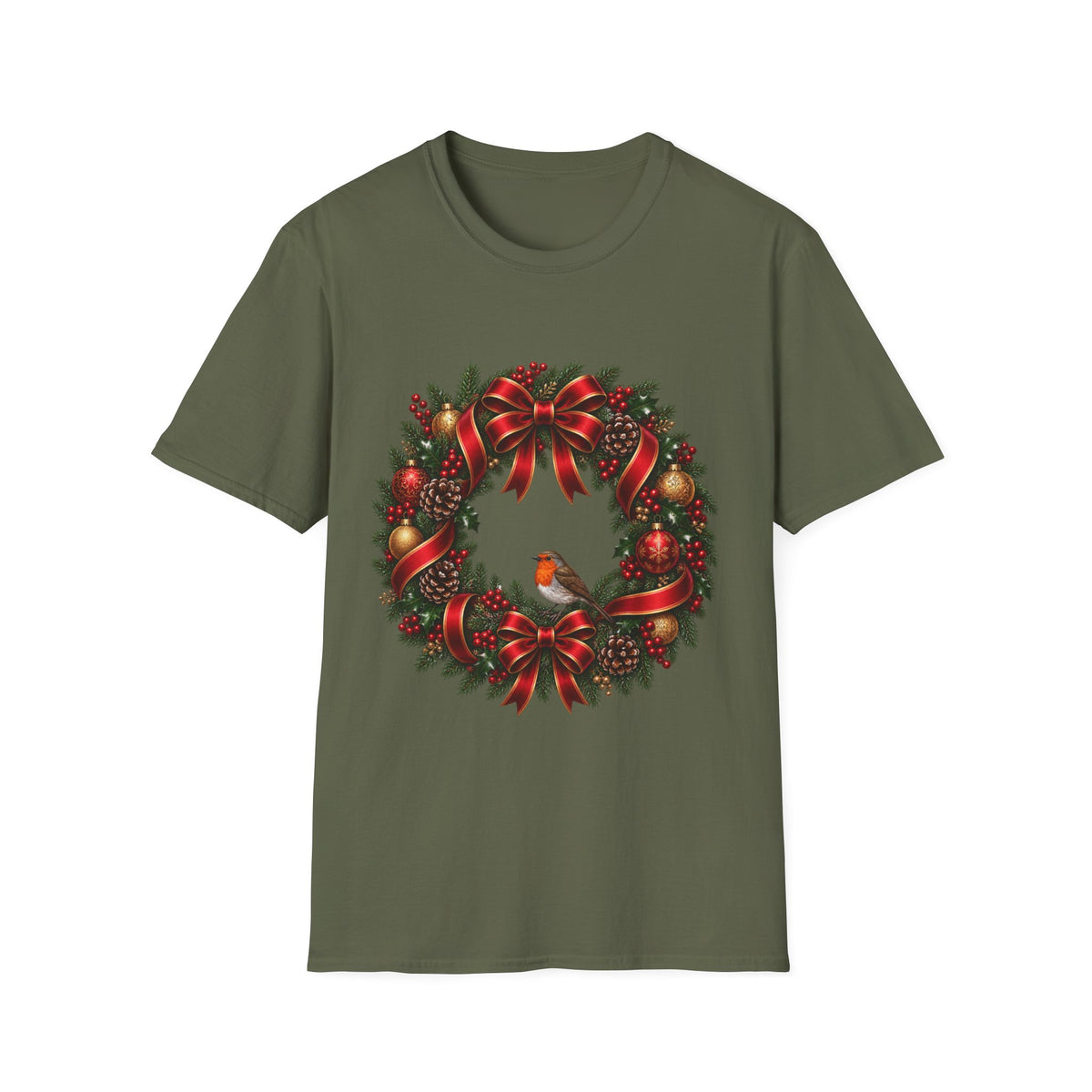Christmas Wreath & Robin T-Shirt β Festive Botanical Tee