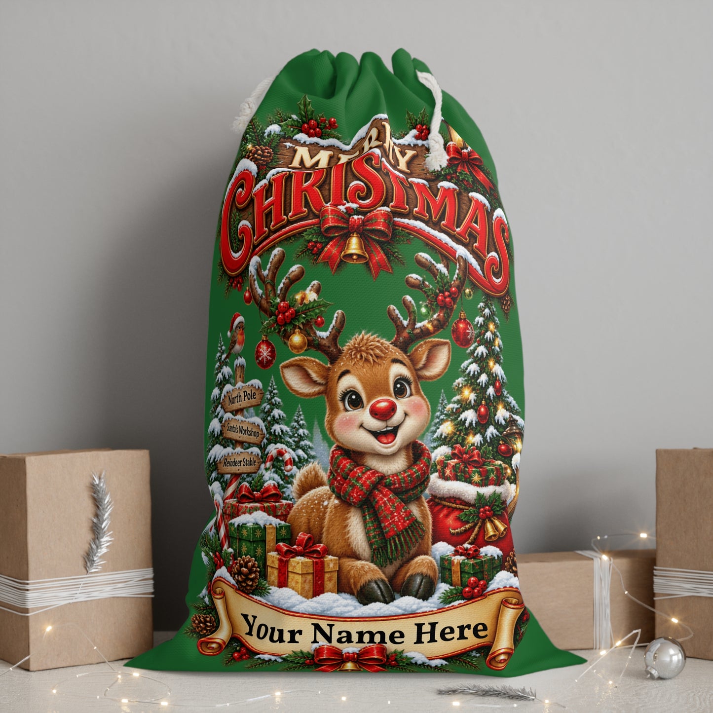 Personalised Reindeer Christmas Sack β Green Christmas Gift Sack