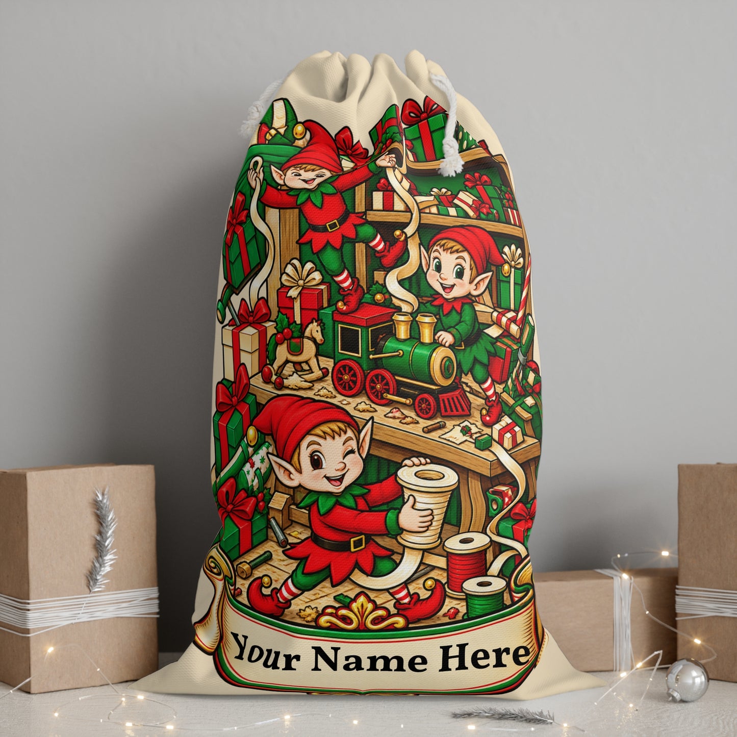 Personalised Christmas Elves Gift Sack – Santa’s Workshop Christmas Sack
