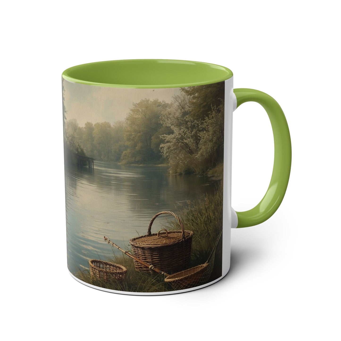 Two-Tone Coffee Mug -  Fishing Scene, with lifestyle Quote for Relaxation,
