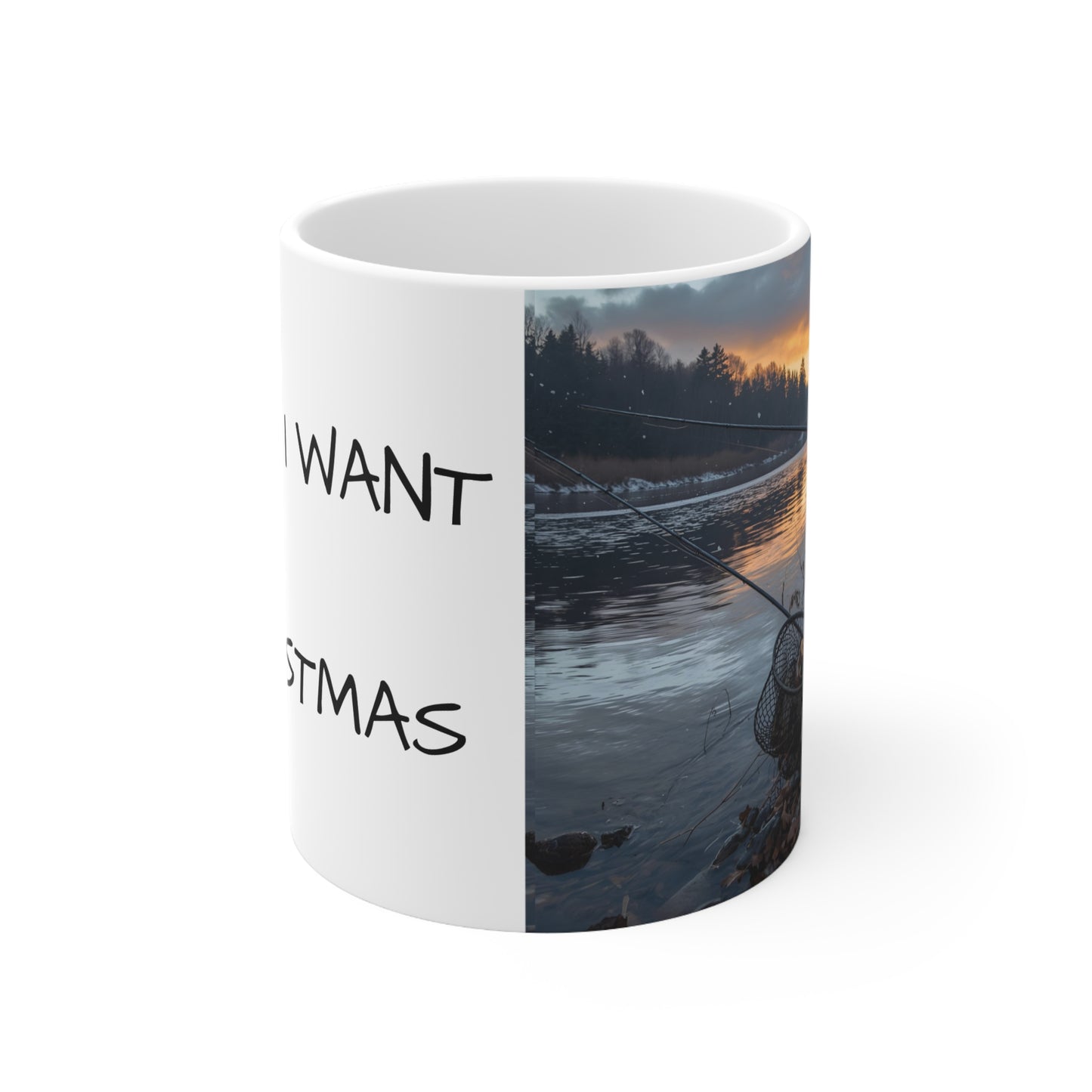 Ceramic Fishing Mug - All I Want for Christmas Mug - Holiday Gift, Festive Kitchen Decor, Xmas Present