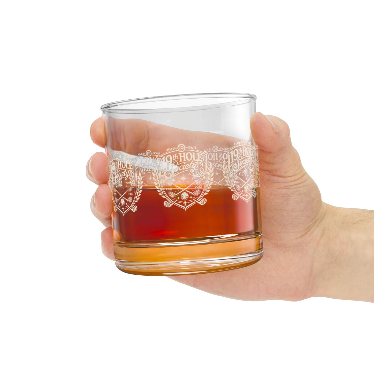 19th Hole Society Golf Glass Tumbler | Premium Clubhouse Drinkware | Cream Crest Design - SJM Print Store