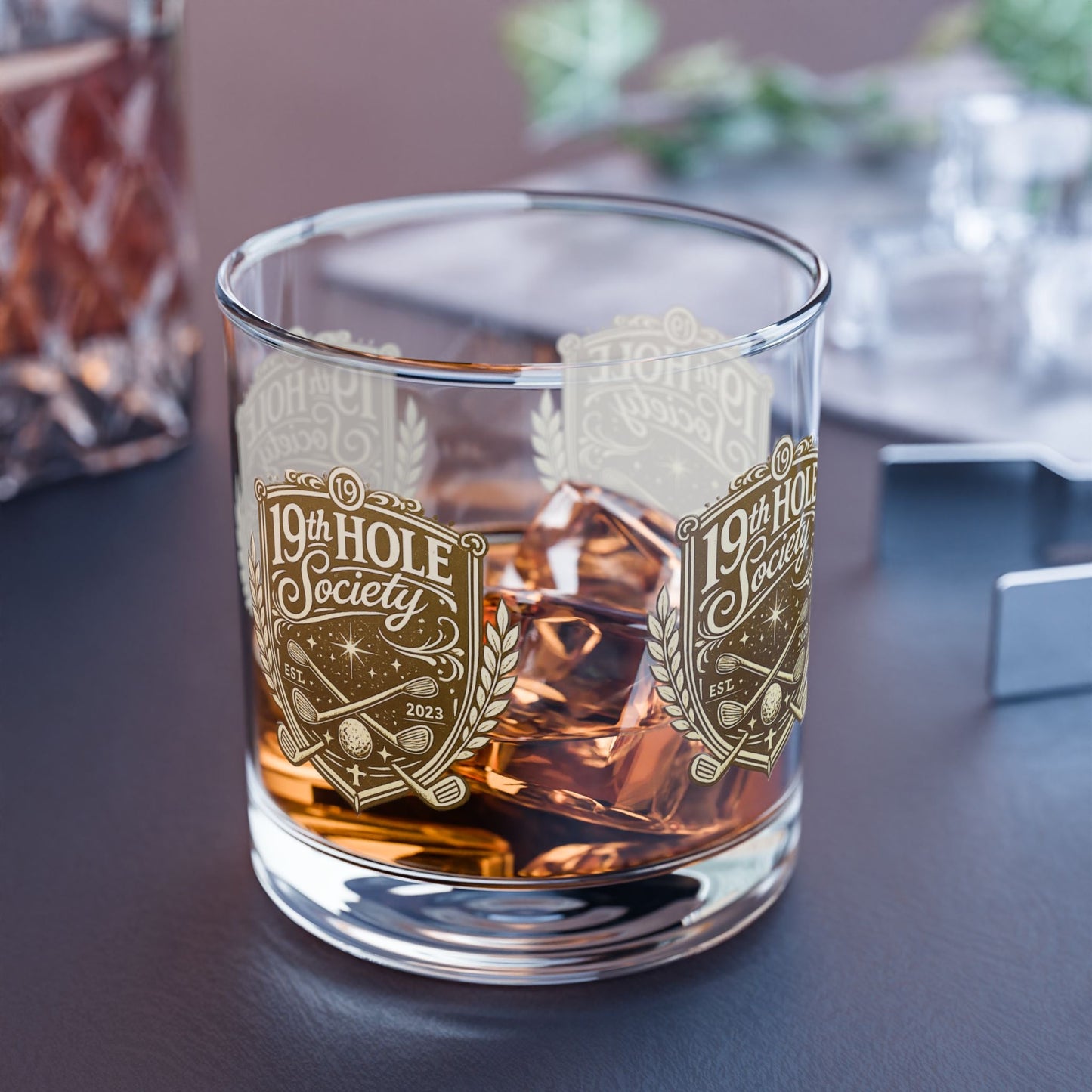 19th Hole Society Golf Glass Tumbler | Premium Golf Whiskey Glass | Repeating Crest Design - SJM Print Store