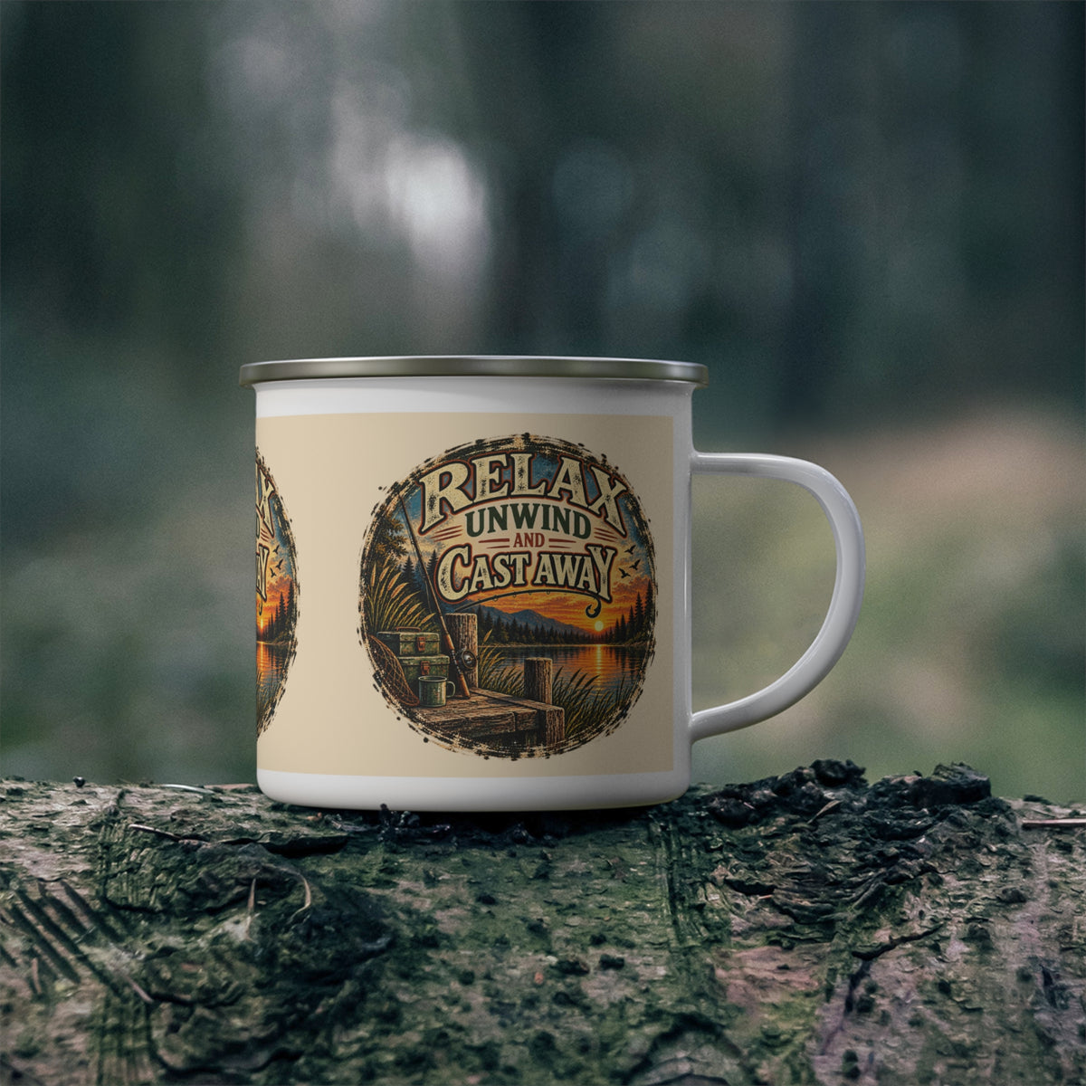 Relax, Unwind & Cast Away Enamel Mug – Vintage Fishing Mug