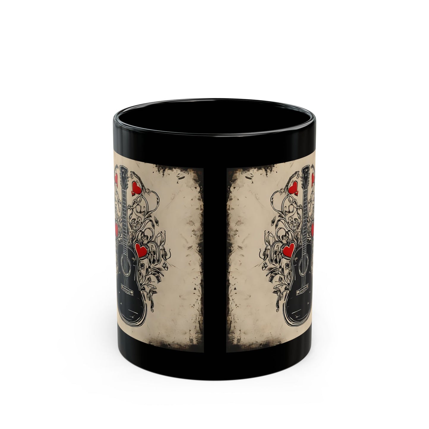 Mug Guitare en acier et cordes sensibles Cœur Thème Country Tasse noire 11oz