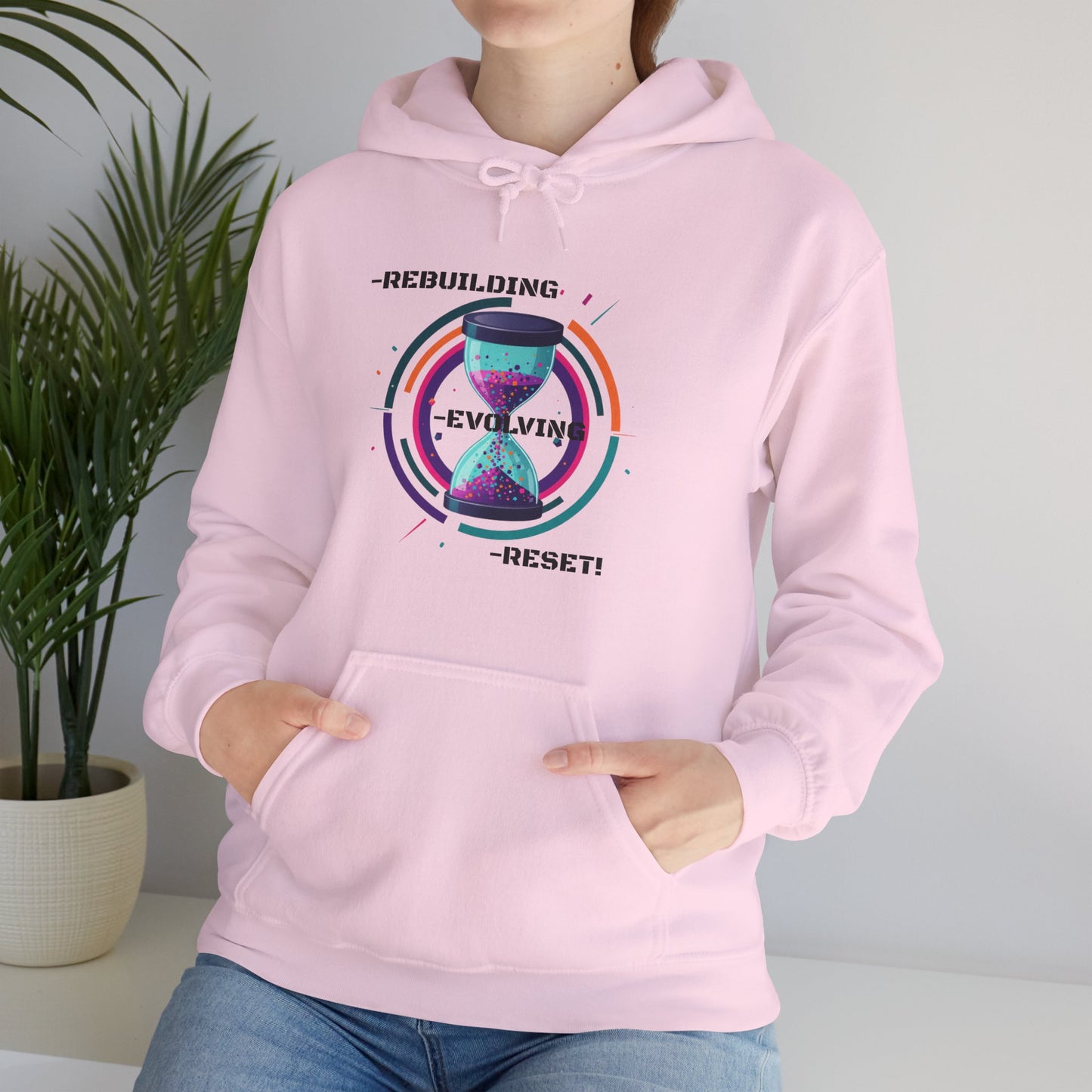 Sweat à capuche graphique inspirant : Reconstruire, Évoluer, Réinitialiser