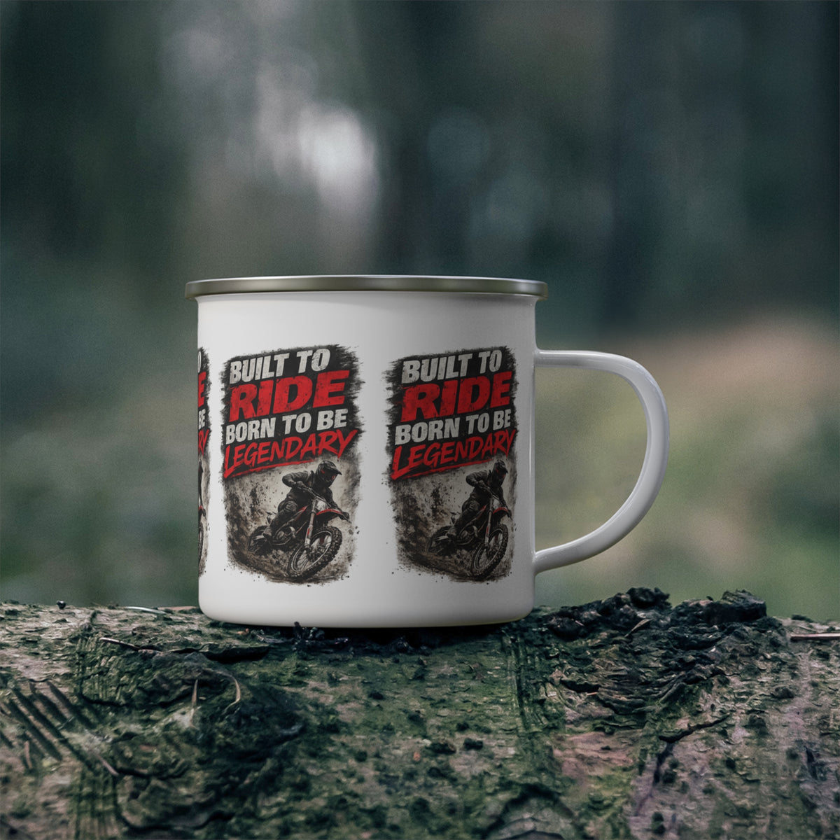 Mug en émail « Construit pour rouler, né pour être légendaire »