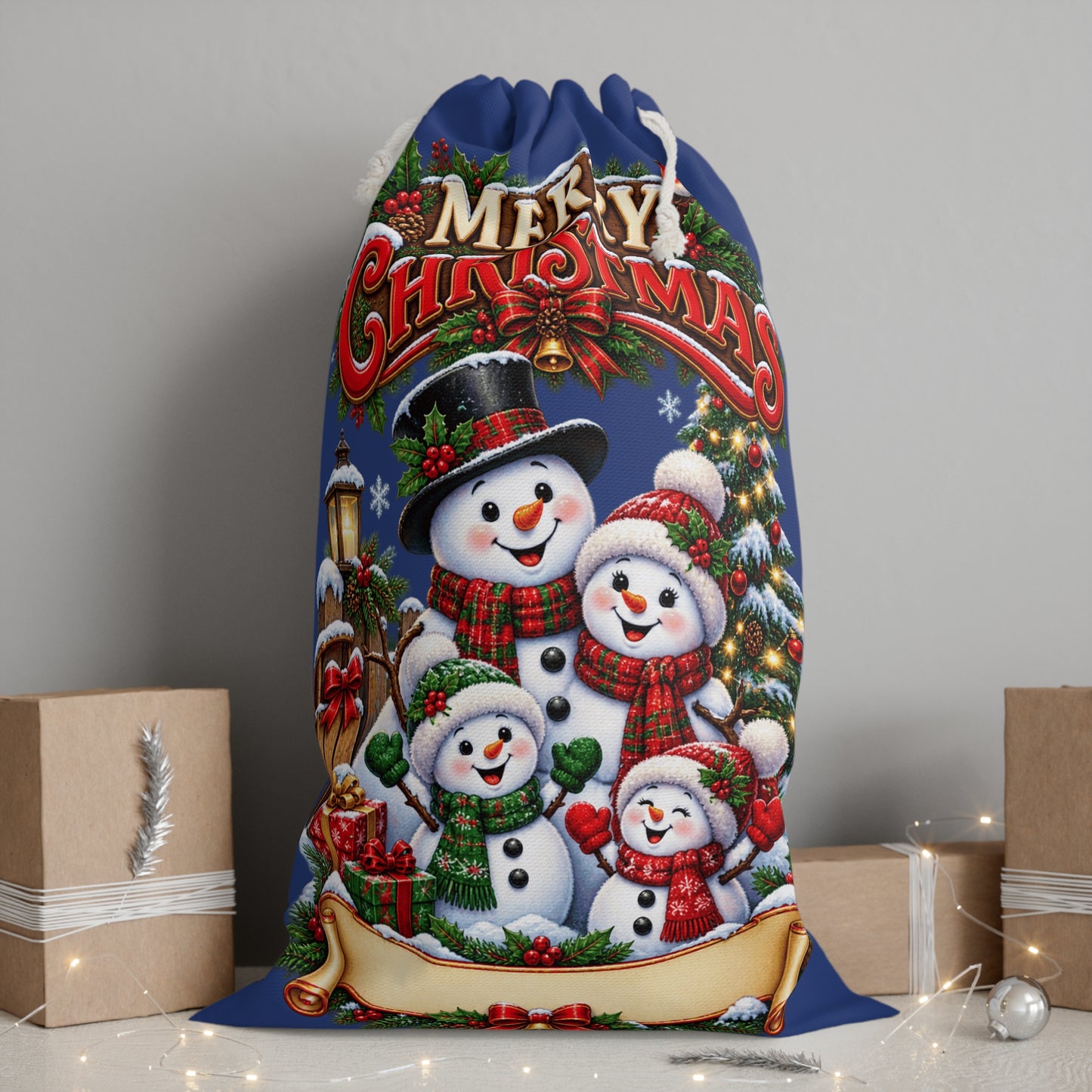 Personalised Snowman Family Christmas Sack – Blue Christmas Gift Sack