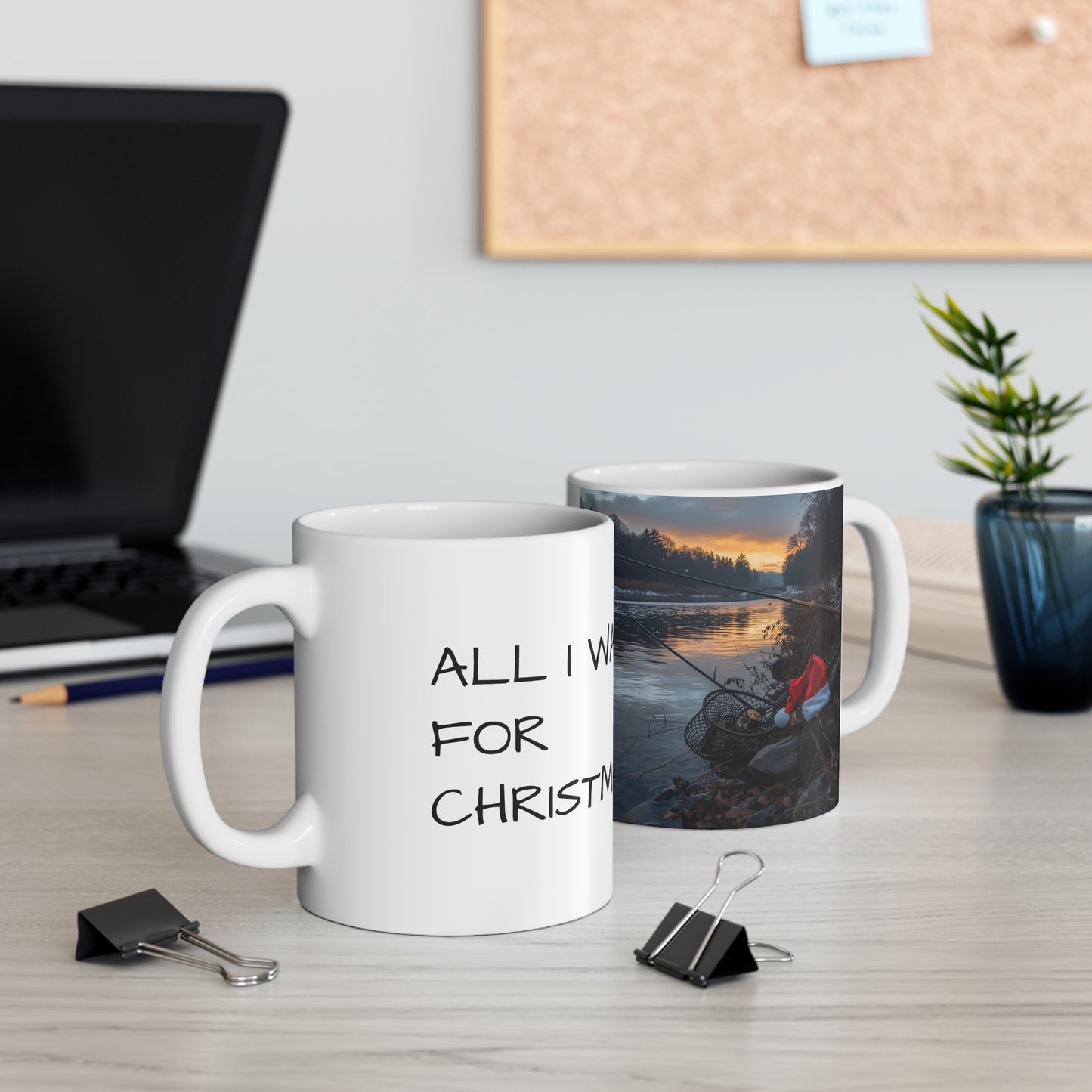 Ceramic Fishing Mug - All I Want for Christmas Mug - Holiday Gift, Festive Kitchen Decor, Xmas Present