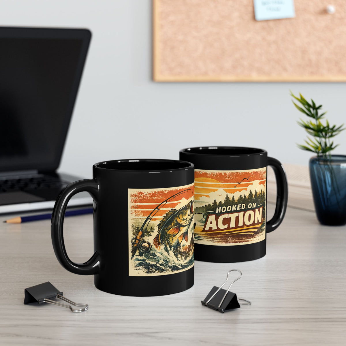 Hooked on Action Black Fishing Mug – Retro Angler Mug