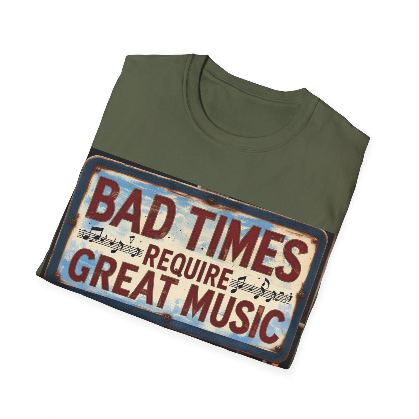 Bad Times Require Great Music T-Shirt | Unisex Softstyle Tee, Music Lovers Gift, Retro Graphic Tee, Festival Apparel, Casual Music Shirt