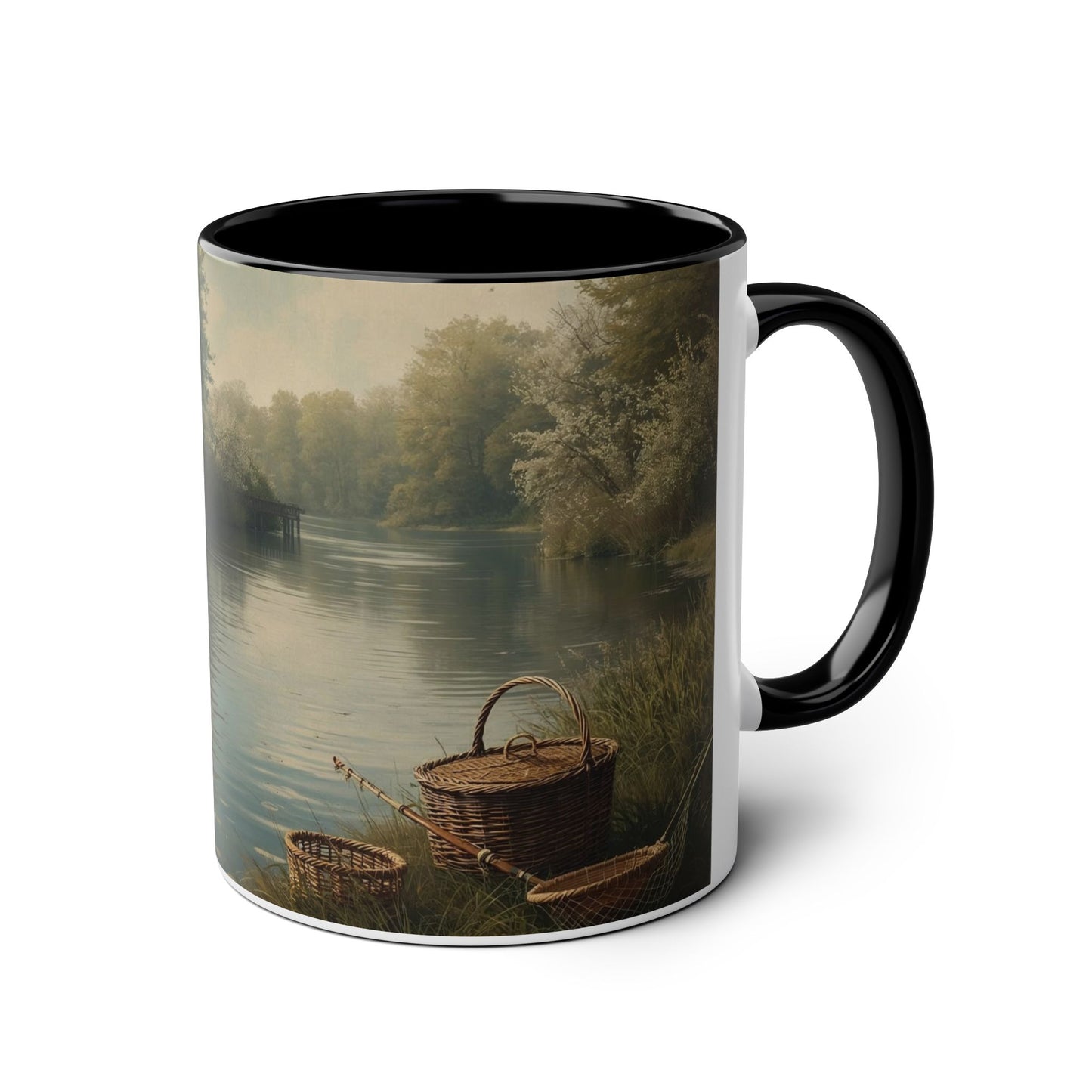 Two-Tone Coffee Mug -  Fishing Scene, with lifestyle Quote for Relaxation,