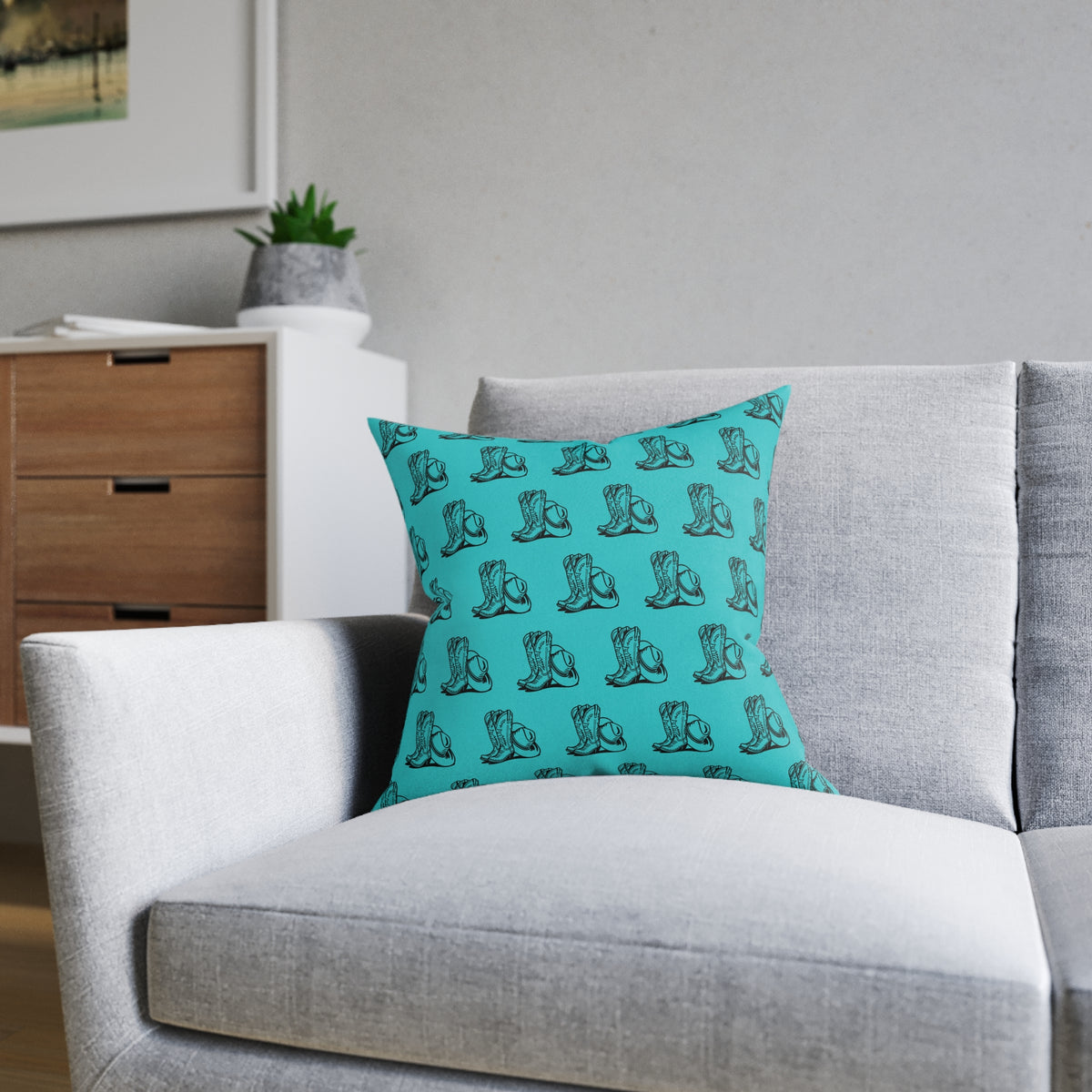 Teal Cowboy Boot Pattern Square Pillow — Western Accent Throw Pillow