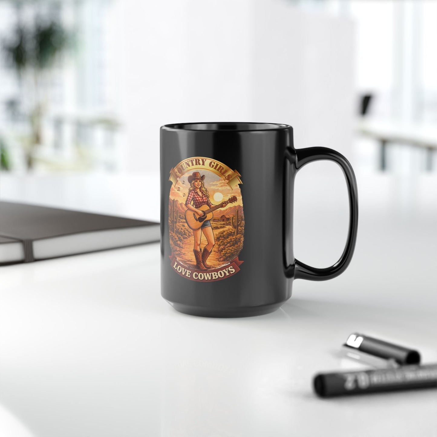 Country Girls Love Cowboys 15oz Black Mug – Vintage Cowgirl Guitar Design - SJM Print Store