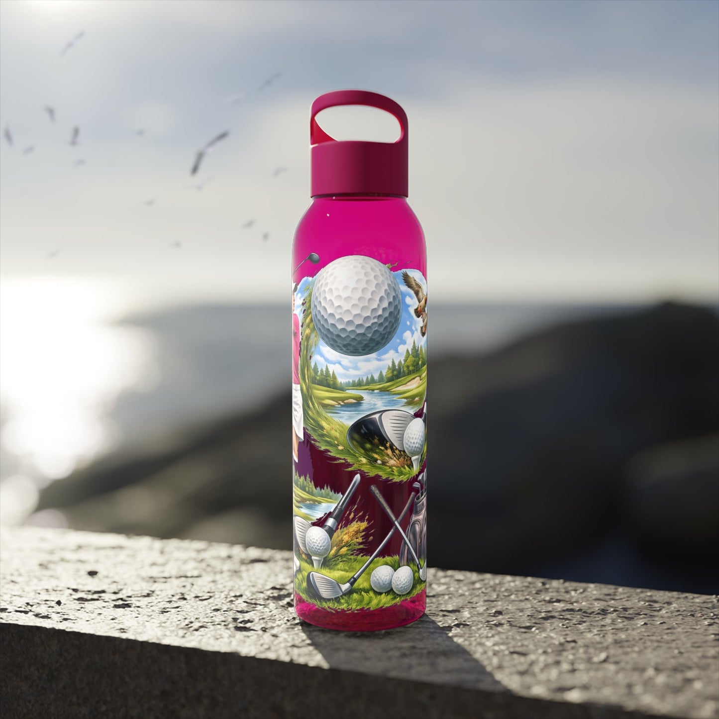 Golf Scene Water Bottle Scenic Female Golfer and Course Design - SJM Print Store