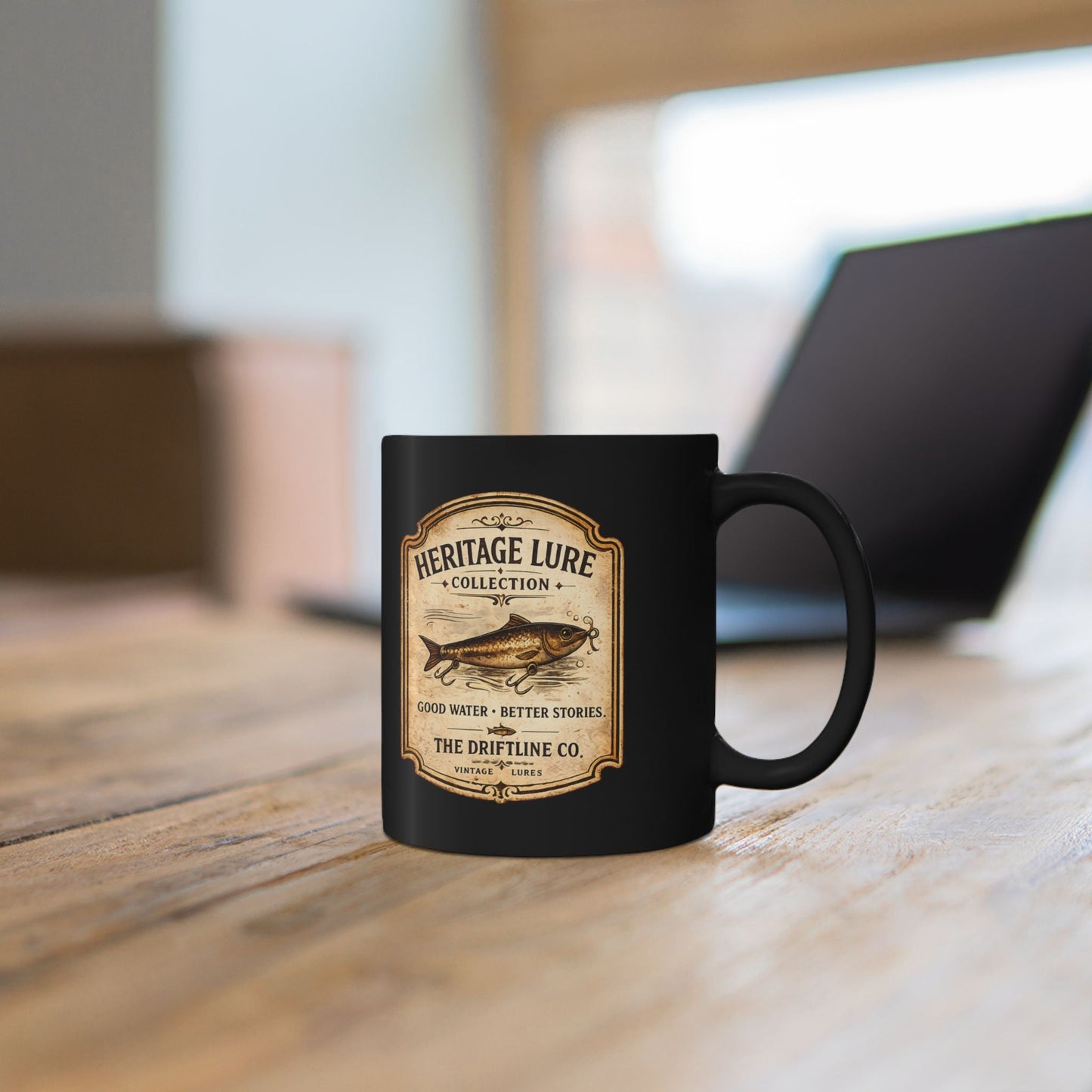 Heritage Lure Collection Black Ceramic Mug | Vintage Fishing Coffee Mug | The Driftline Company - SJM Print Store