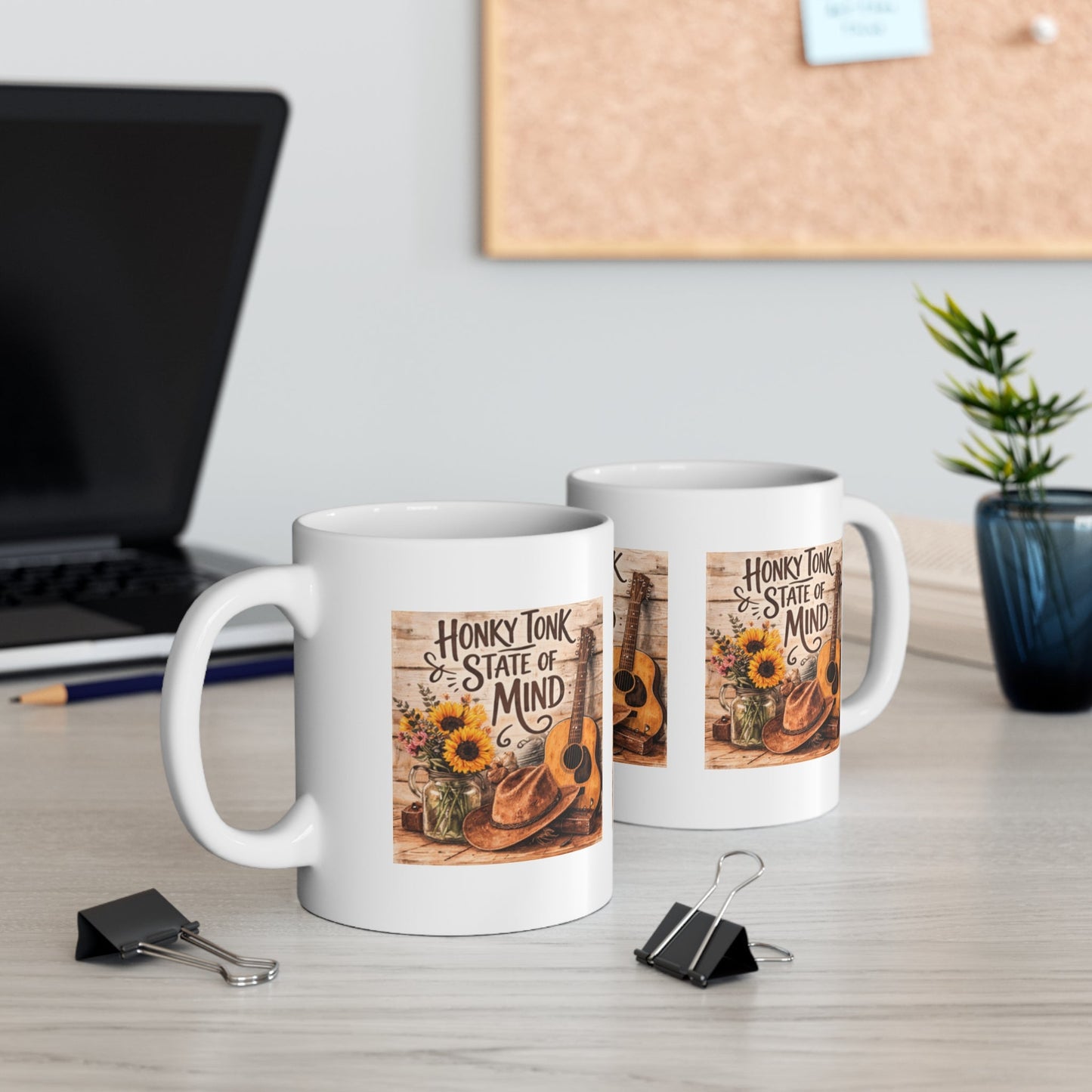 Honky Tonk State of Mind Ceramic Mug — Country Guitar & Sunflower Coffee Cup (11oz) - SJM Print Store