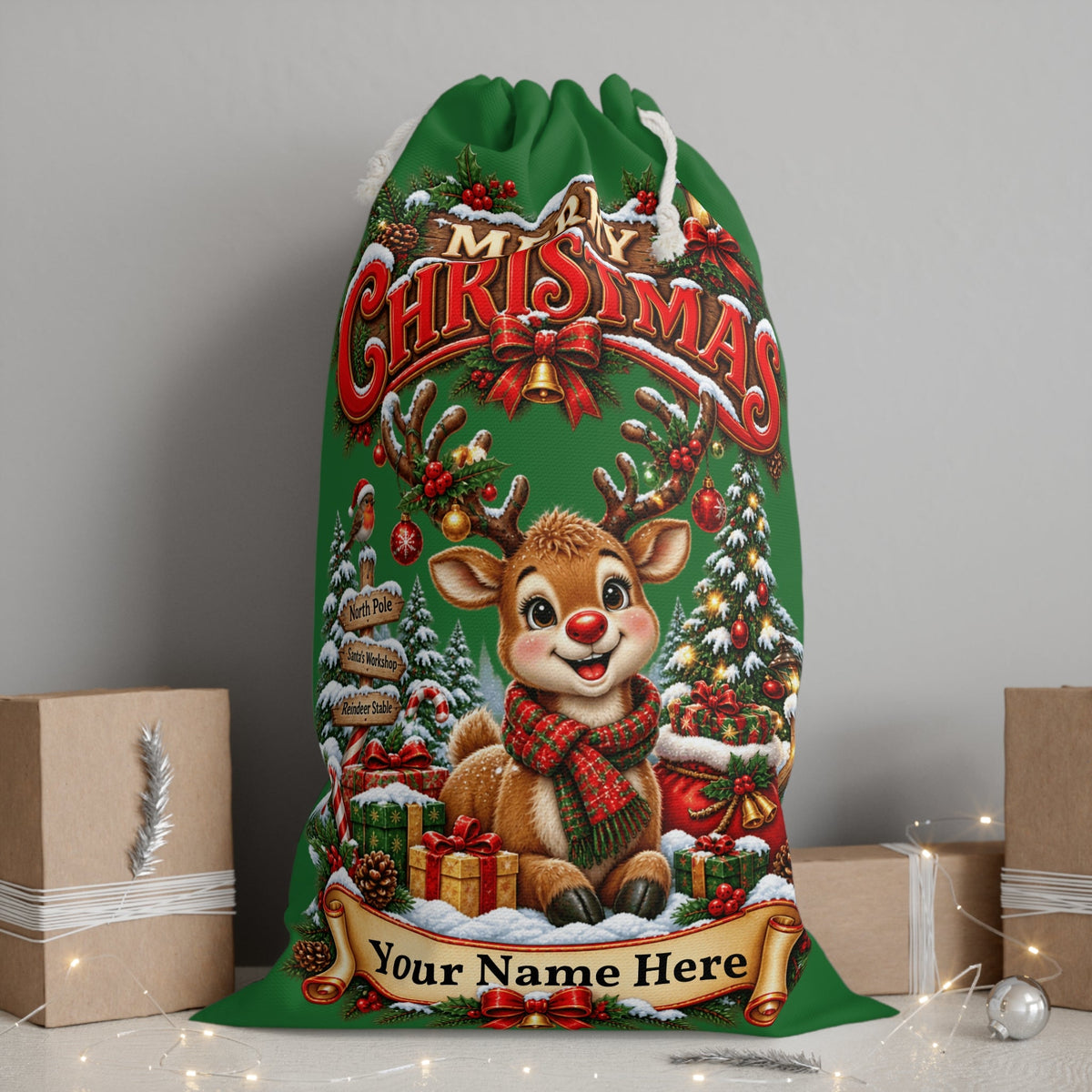 Personalised Reindeer Christmas Sack – Green Christmas Gift Sack - SJM Print Store