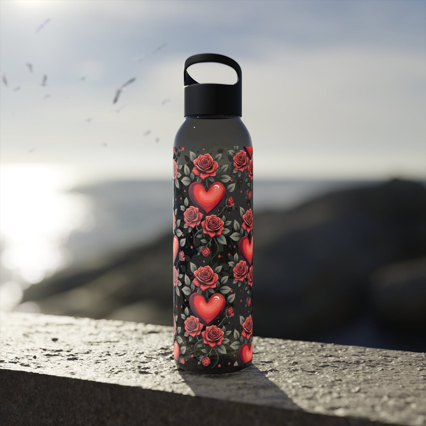 Rose & Heart Pattern Water Bottle — Romantic Floral Drink Bottle - SJM Print Store