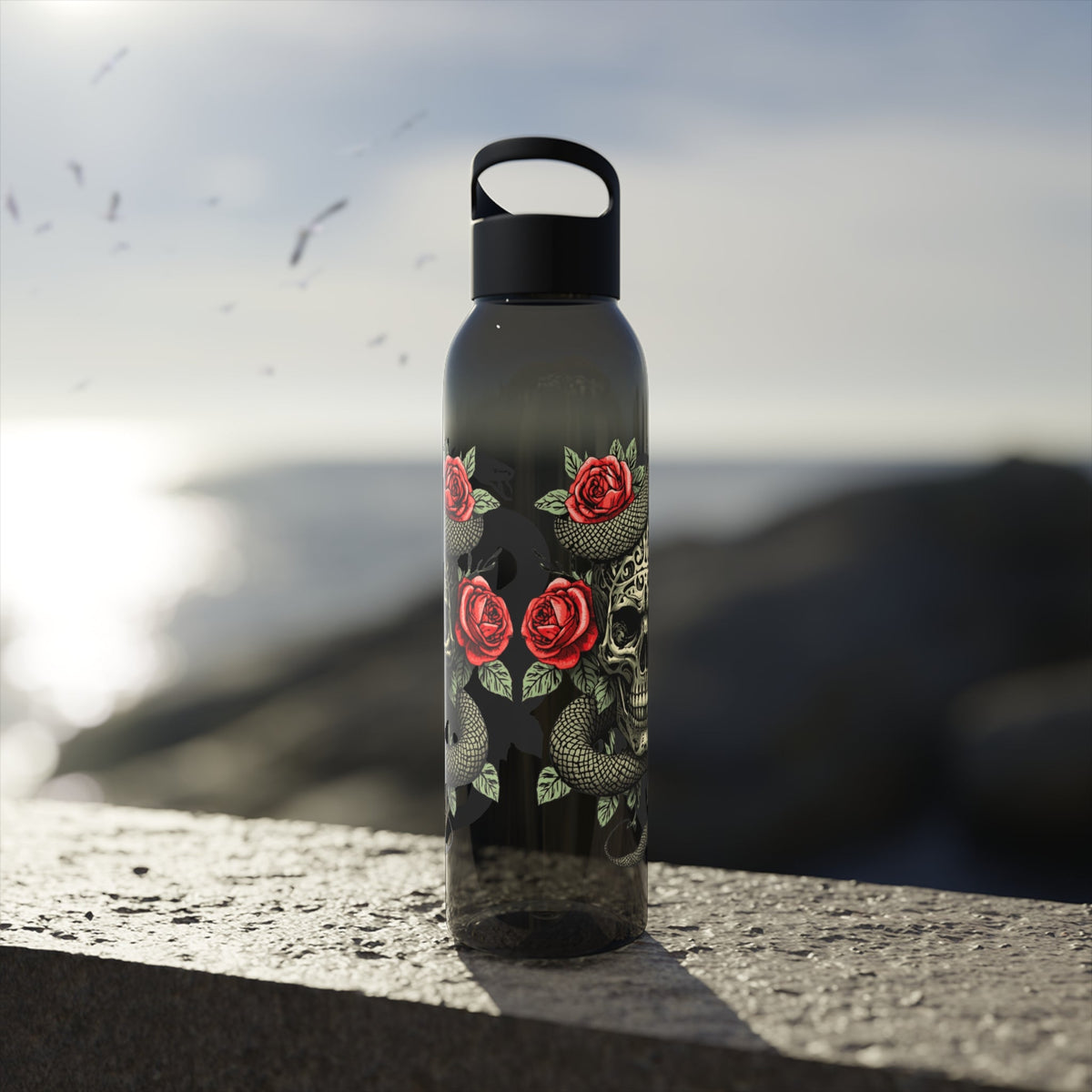 Skull Snake & Roses Water Bottle | Gothic Tattoo Inspired 21.9oz Drinks Bottle - SJM Print Store