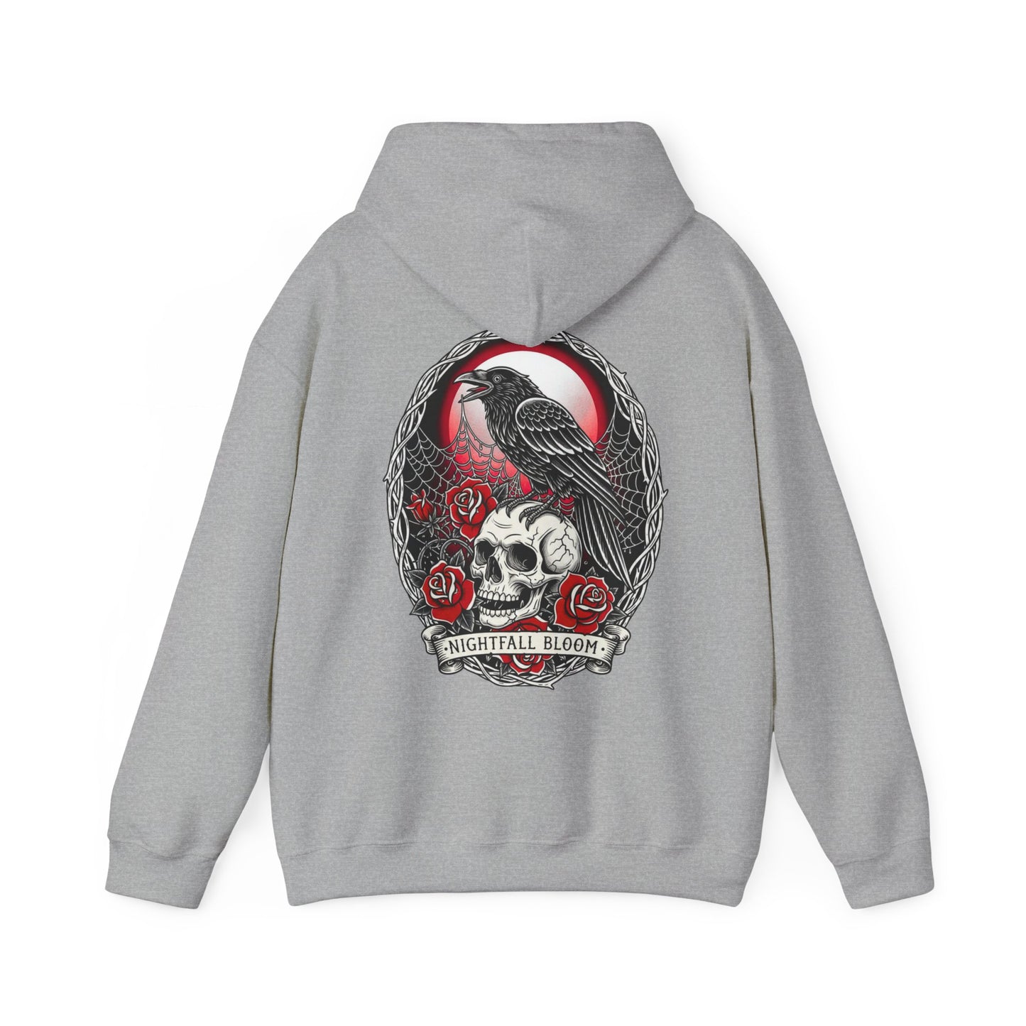 Nightfall Bloom Gothic Hoodie – Raven, Skull & Red Rose Halloween Hoodie