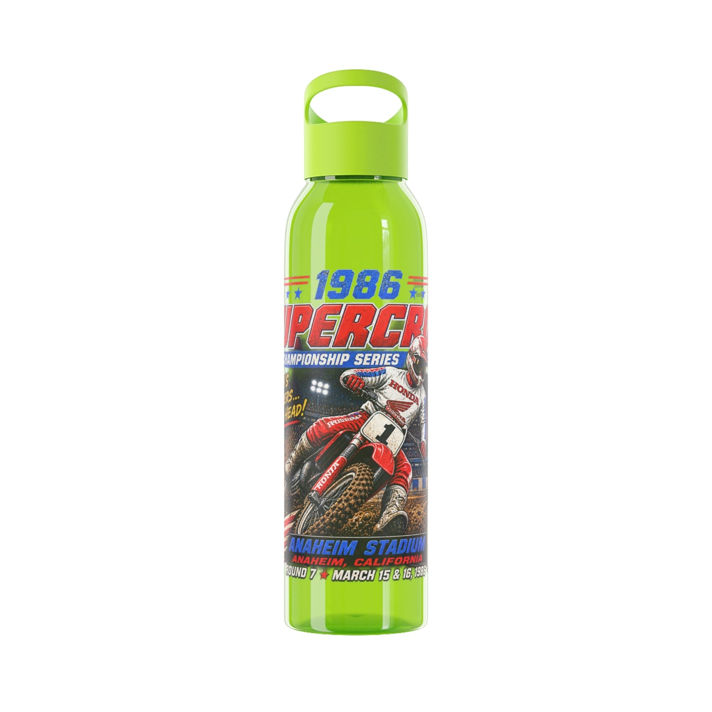 Supercross 1986 Moto Racing Water Bottle  Retro Motocross Champion Design