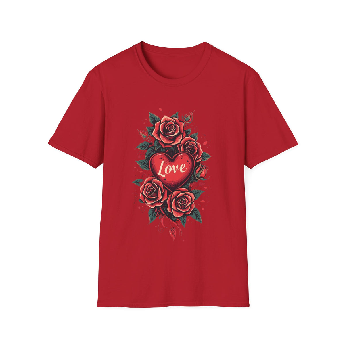 Rotes Rosenherz-T-Shirt mit floralem Tattoo-Motiv