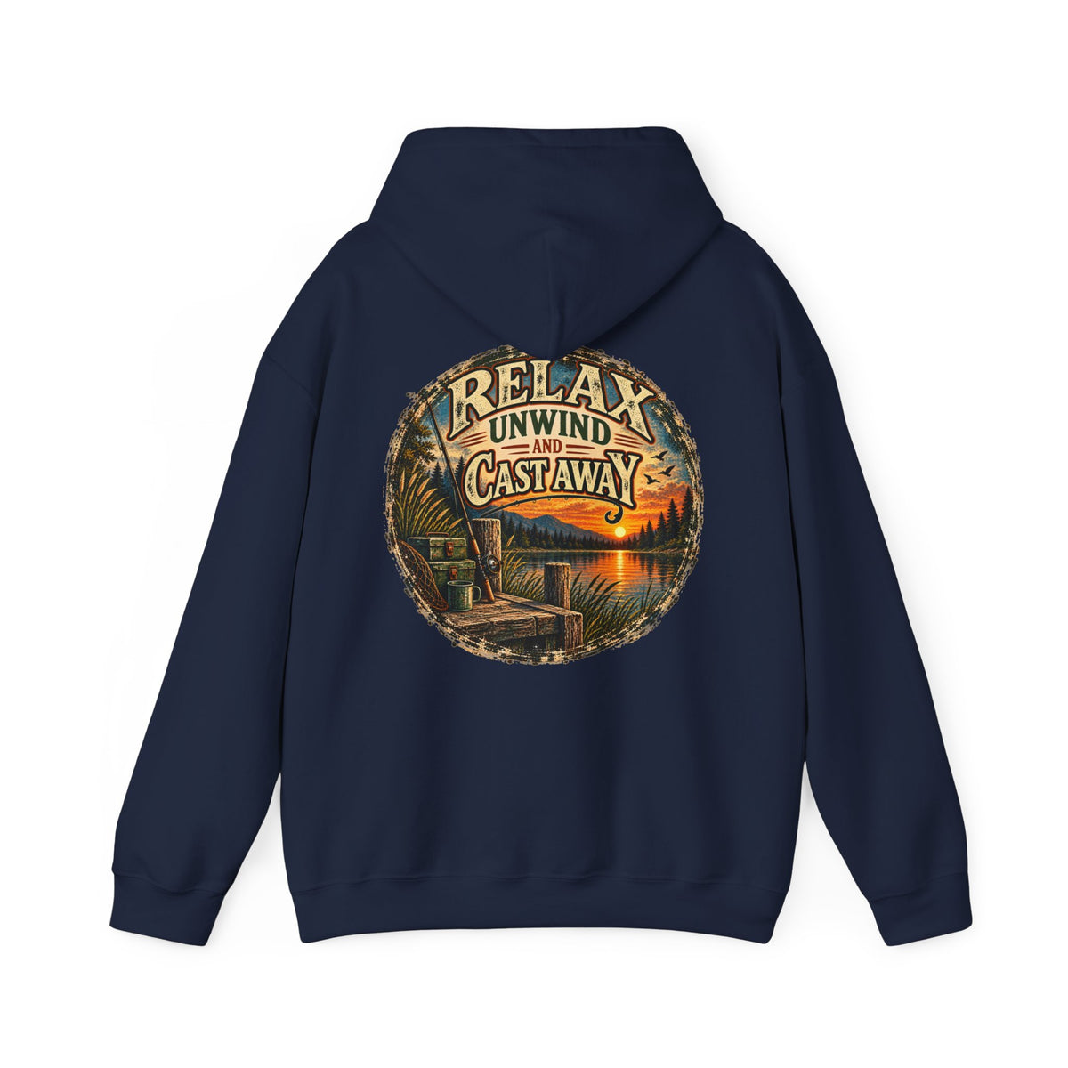 Relax, Unwind & Cast Away Back Print Hoodie – Vintage Fishing Hoodie