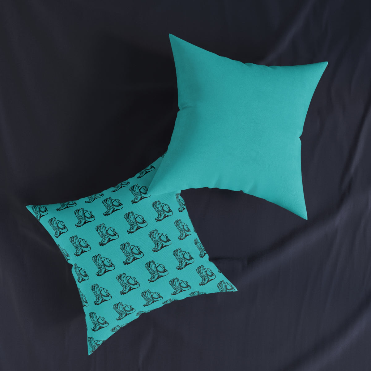 Teal Cowboy Boot Pattern Square Pillow — Western Accent Throw Pillow