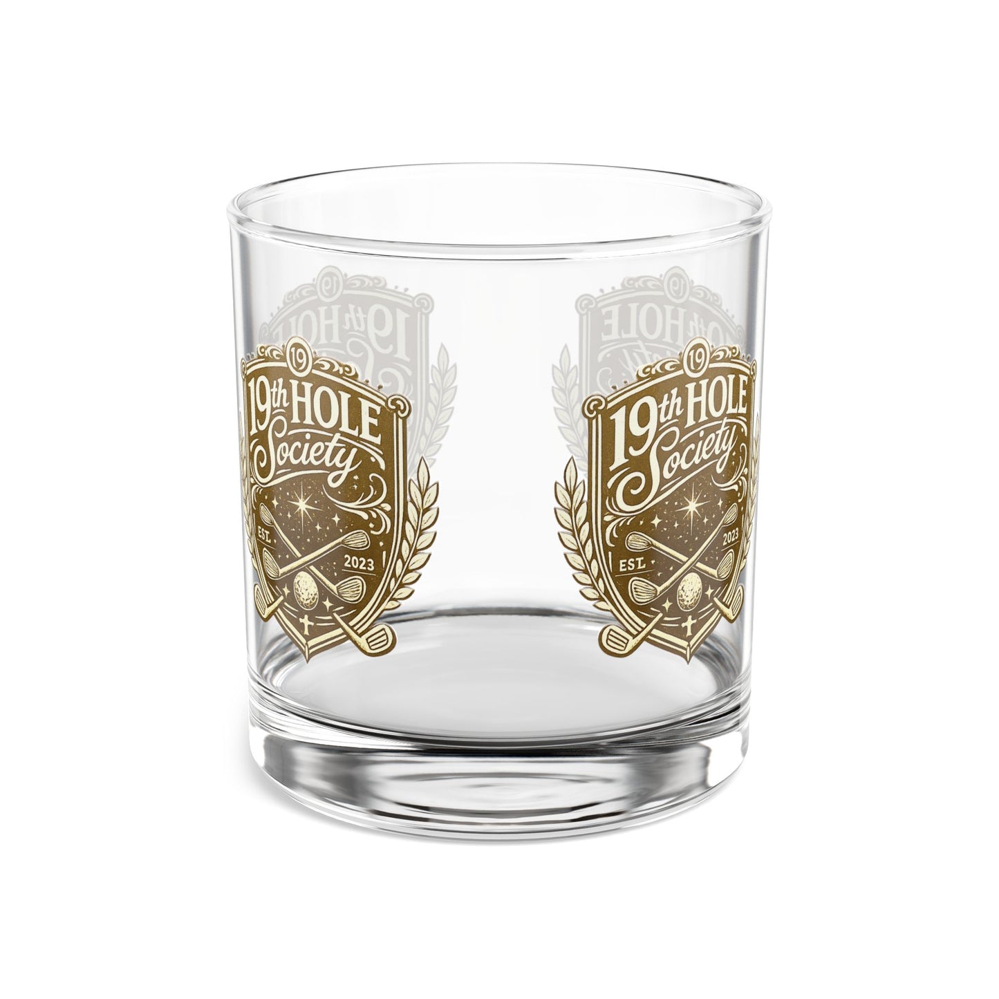 19th Hole Society Golf Glass Tumbler | Premium Golf Whiskey Glass | Repeating Crest Design