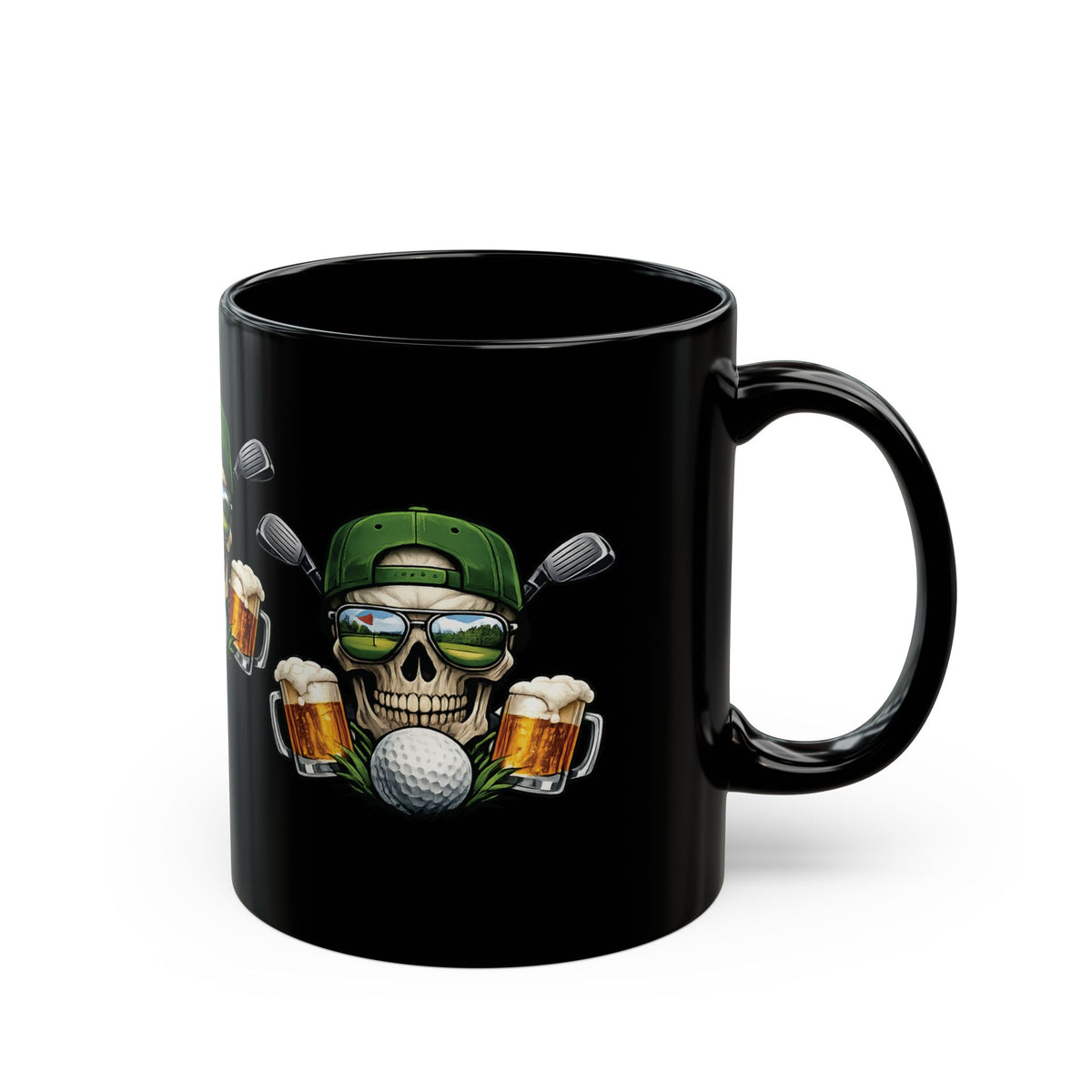Golf Schädel Bierkrug Schwarz Keramik Kaffeetasse mit Golfschläger & Bier Motiv 325ml