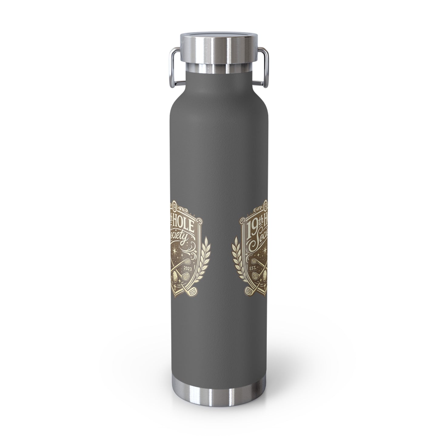 19th Hole Society Insulated Water Bottle | Bronze Crest Golf Flask | Premium Stainless Steel Drinkware