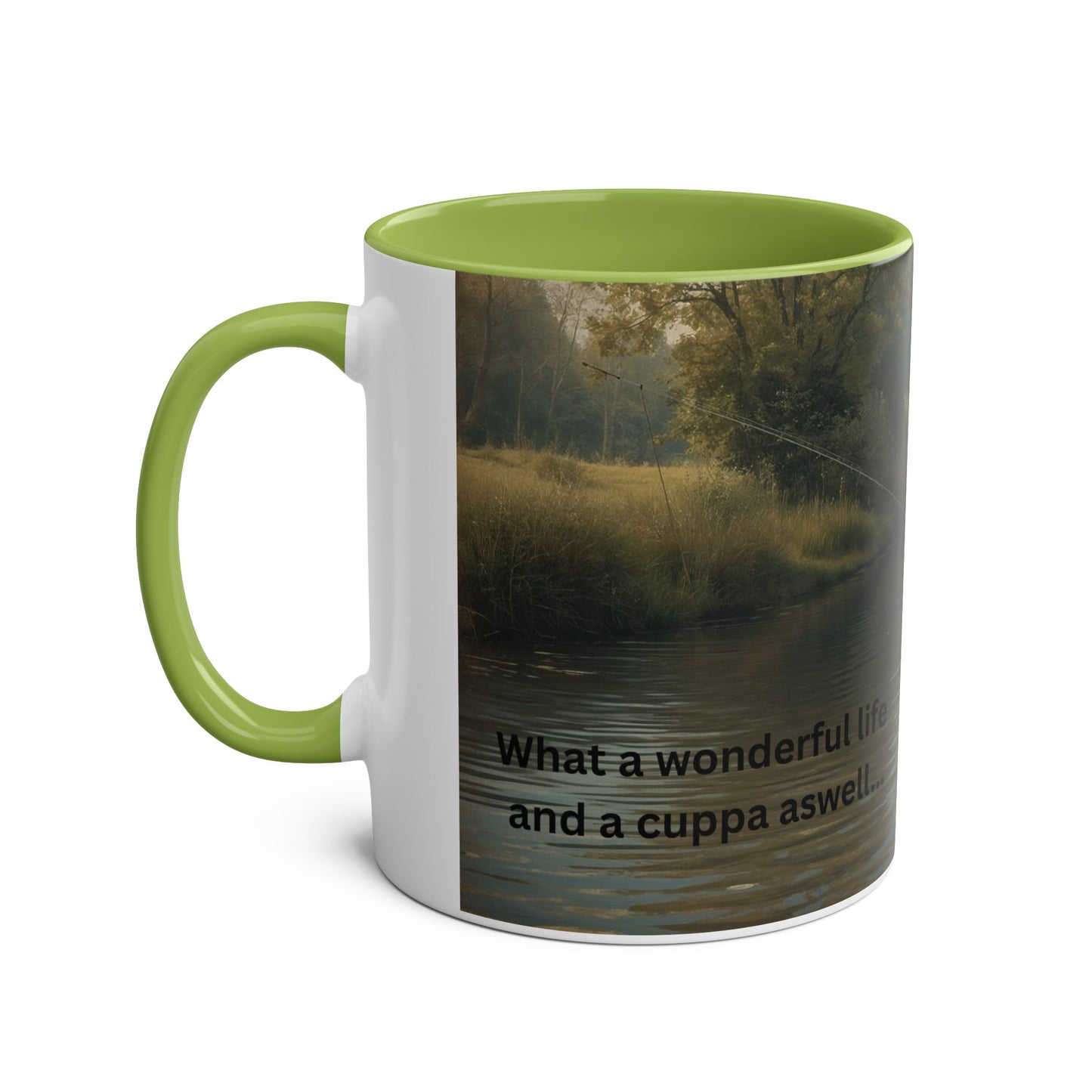 Two-Tone Coffee Mug -  Fishing Scene, with lifestyle Quote for Relaxation,