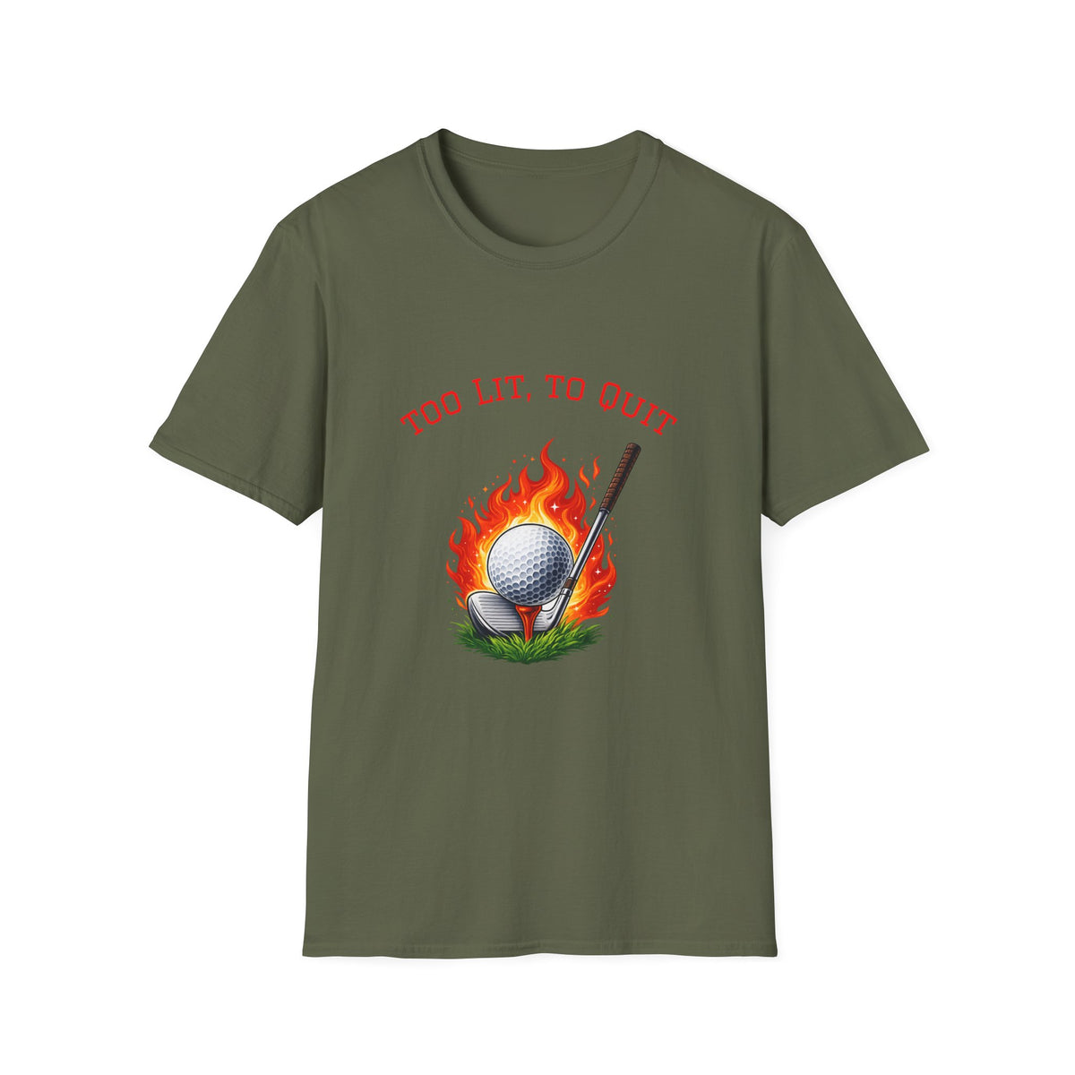 Golf-T-Shirt „Too Lit to Quit“ mit einzigartigem flammendem Golfball-Design