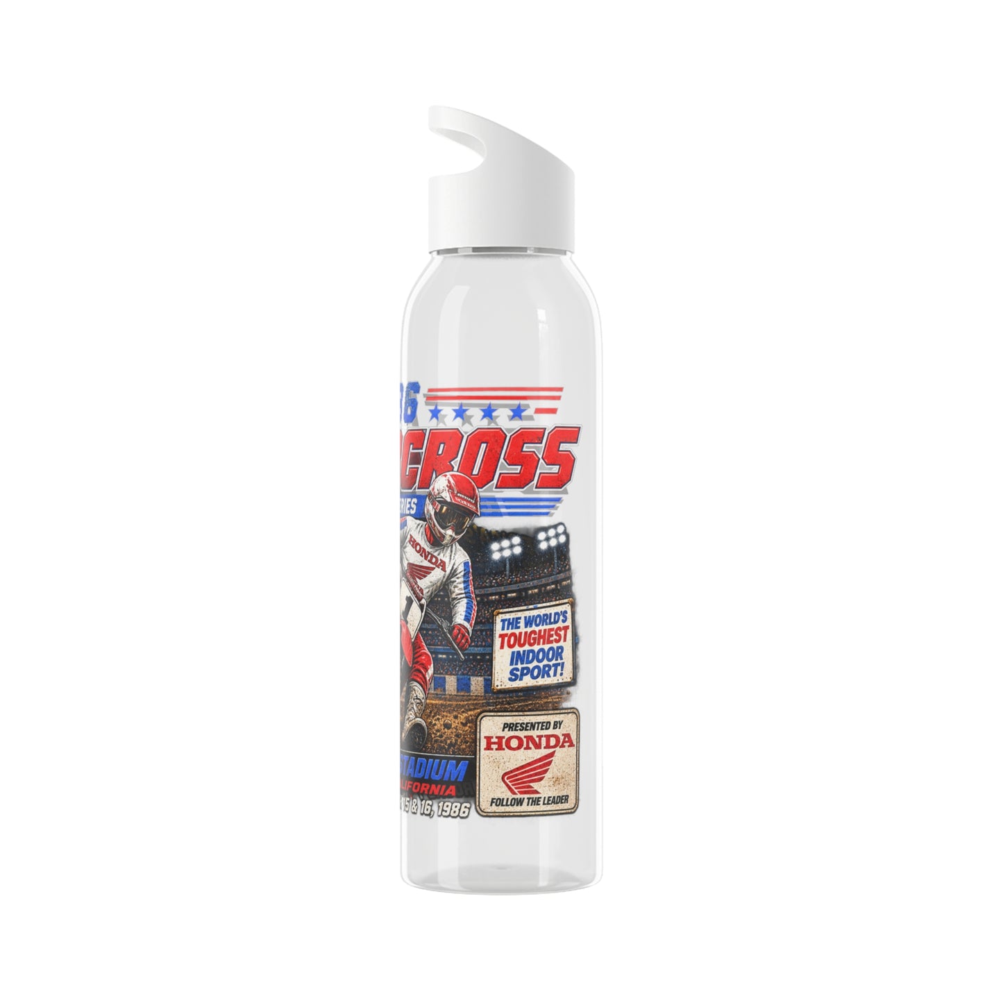 Supercross 1986 Moto Racing Water Bottle  Retro Motocross Champion Design
