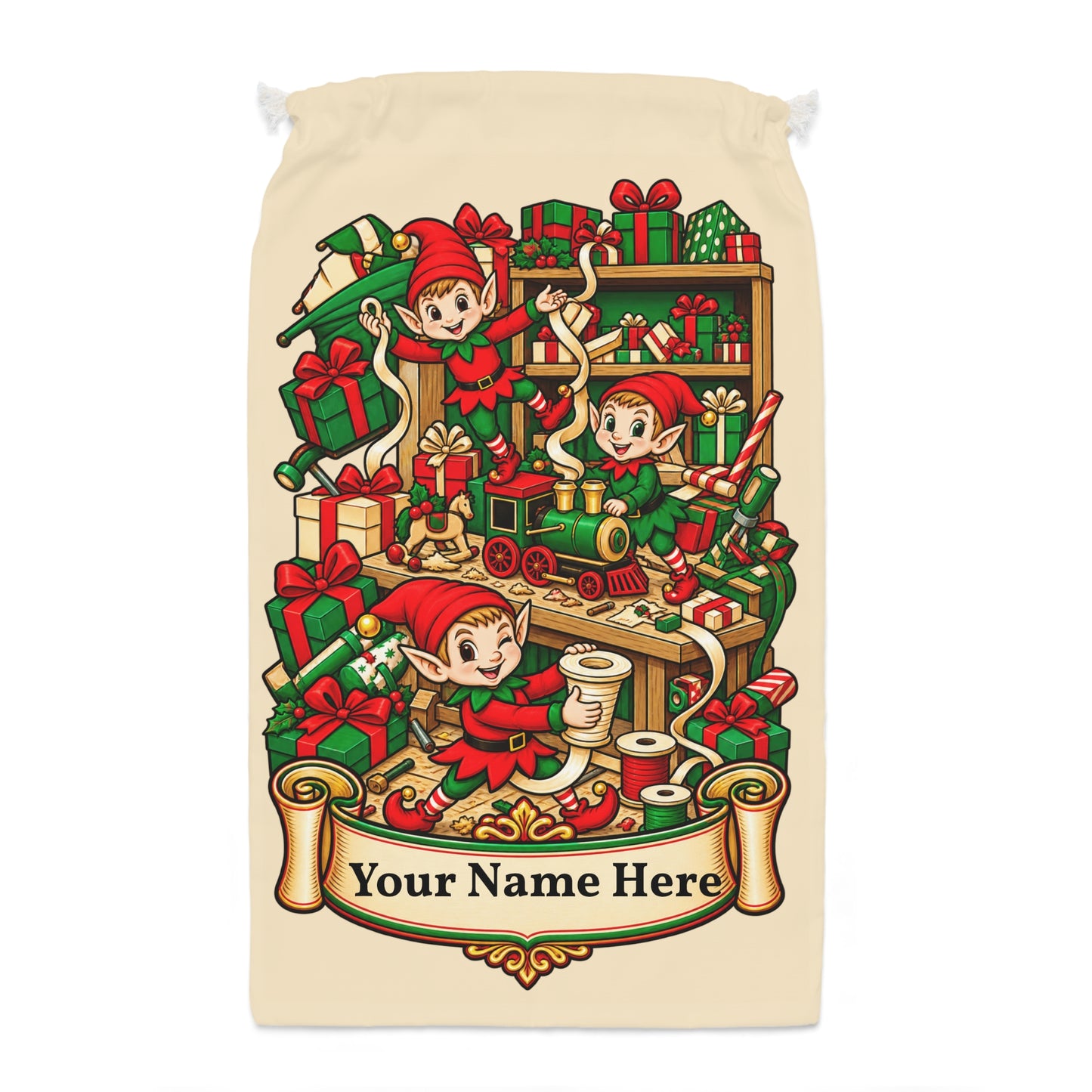 Personalised Christmas Elves Gift Sack – Santa’s Workshop Christmas Sack