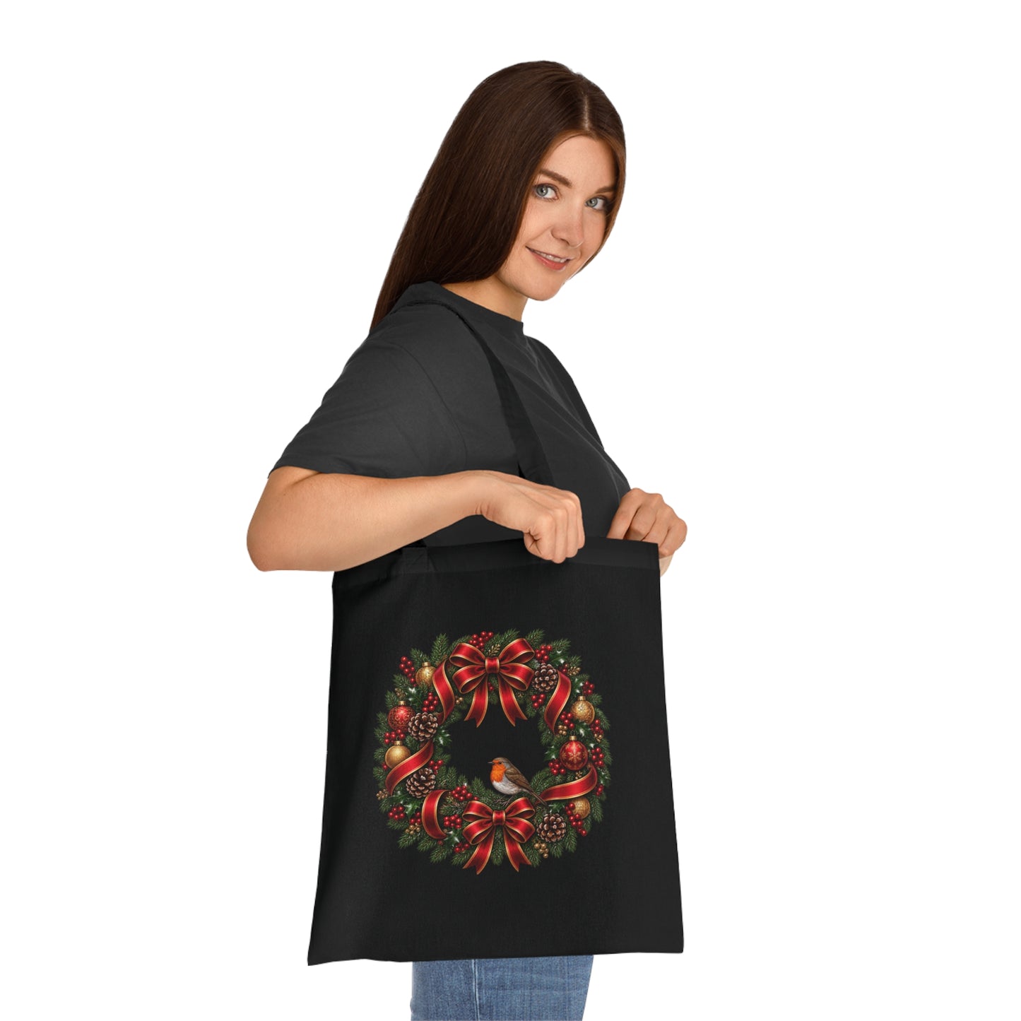 Christmas Wreath & Robin Cotton Tote Bag – Festive Christmas Bag