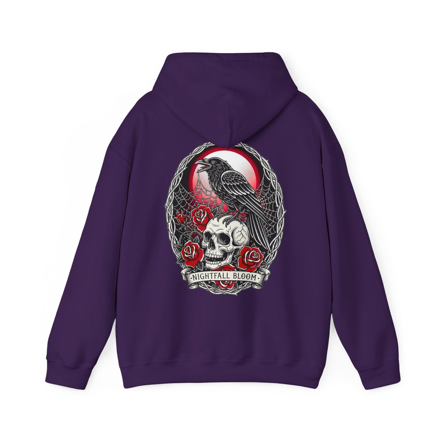 Nightfall Bloom Gothic Hoodie – Raven, Skull & Red Rose Halloween Hoodie