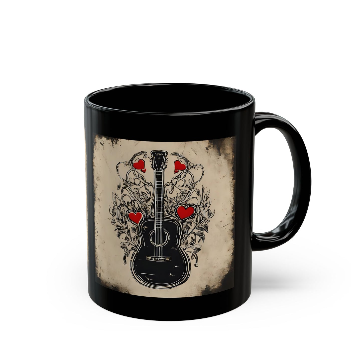 Mug Guitare en acier et cordes sensibles Cœur Thème Country Tasse noire 11oz