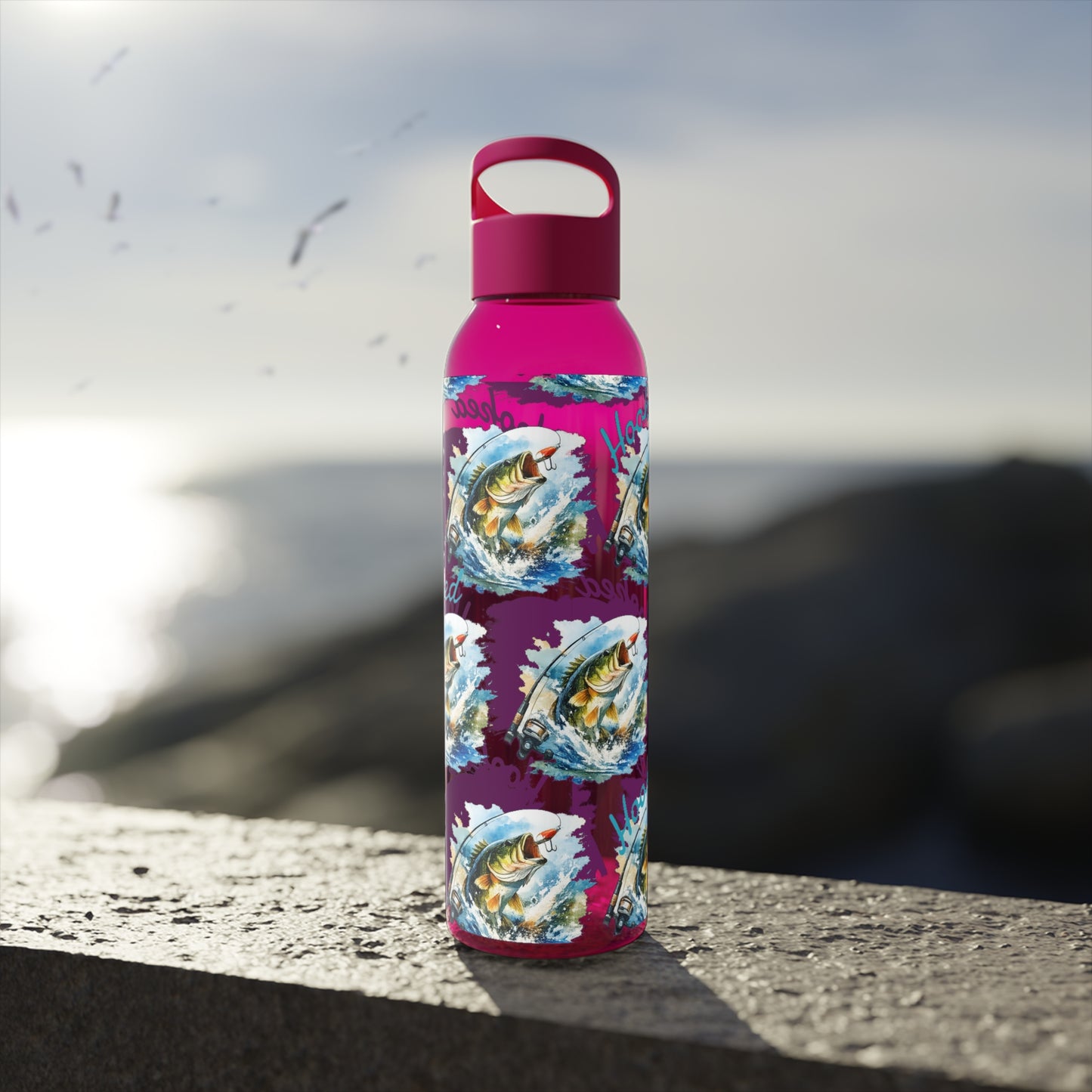 Bouteille d'eau graphique de pêche, poisson accroché, éclaboussures, bouteille de boisson