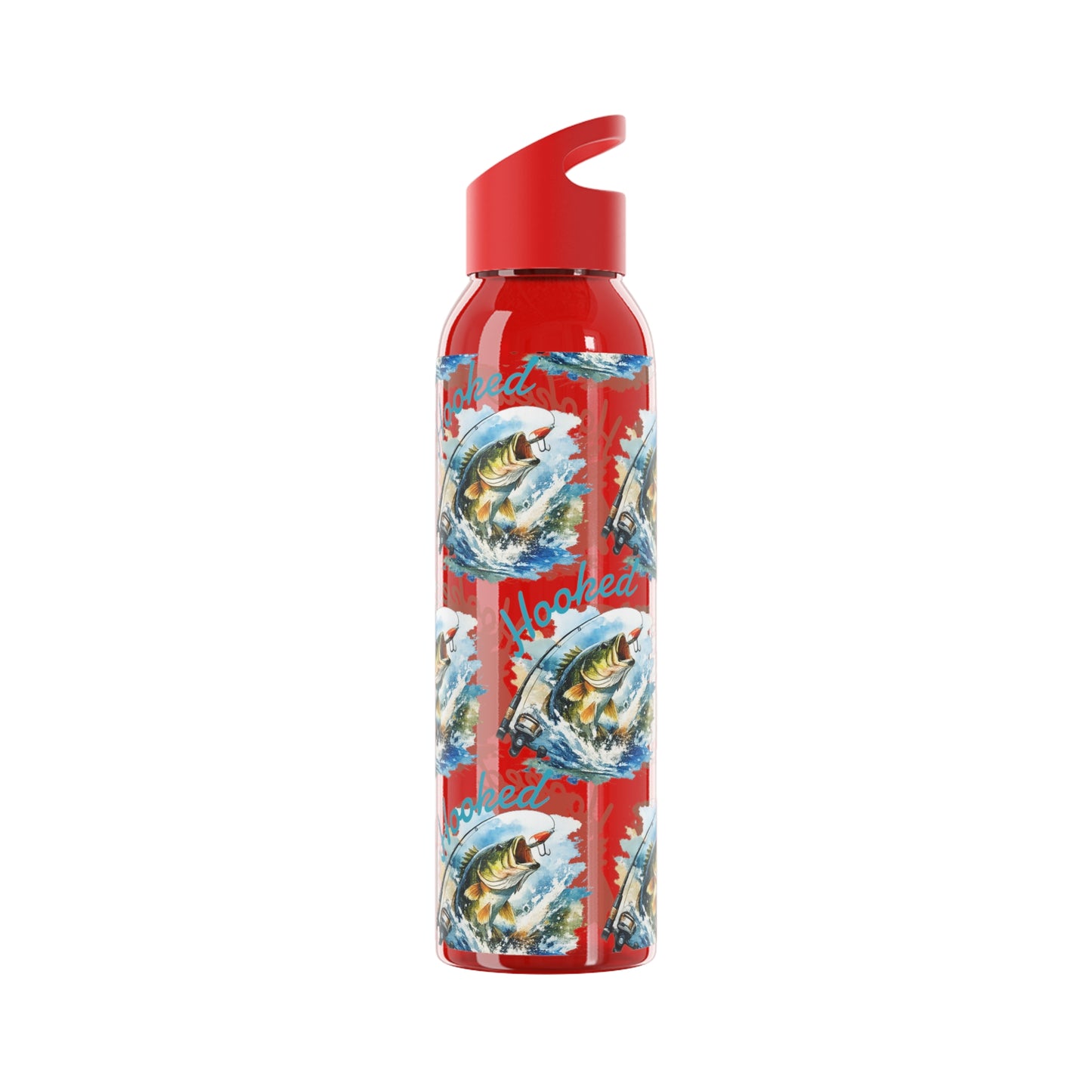 Bouteille d'eau graphique de pêche, poisson accroché, éclaboussures, bouteille de boisson