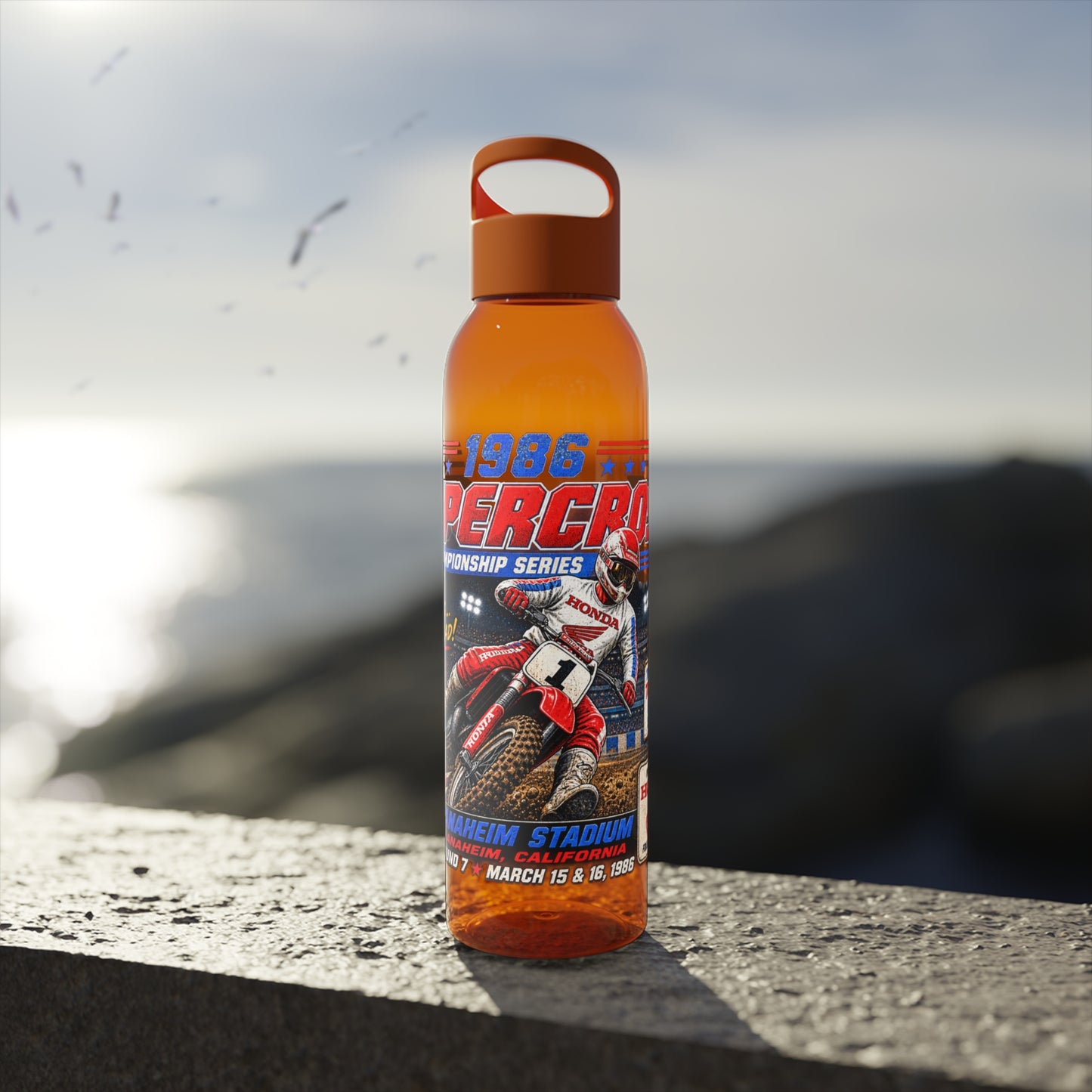 Supercross 1986 Moto Racing Water Bottle  Retro Motocross Champion Design