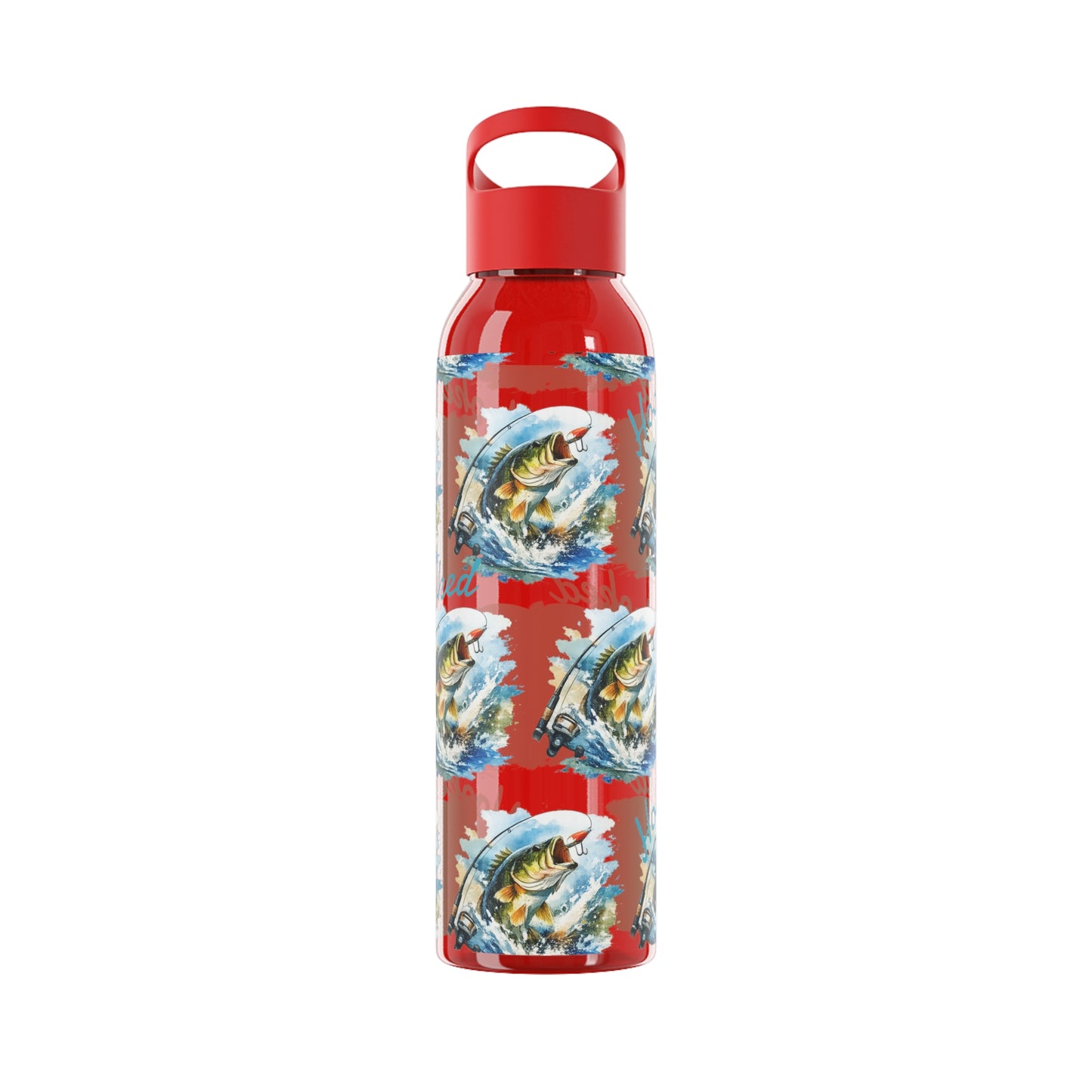 Bouteille d'eau graphique de pêche, poisson accroché, éclaboussures, bouteille de boisson