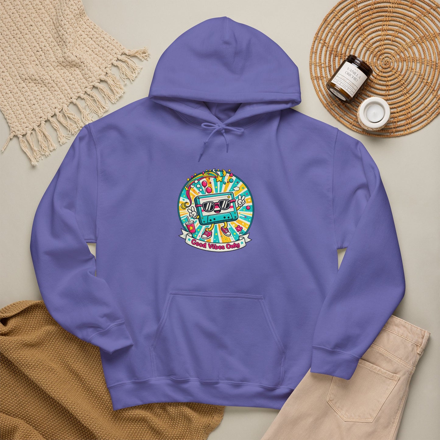Retro Good Vibes Only Hoodie  Colourful Retro Cassette Hoodie  80s and 90s Inspired Unisex Hooded Sweatshirt