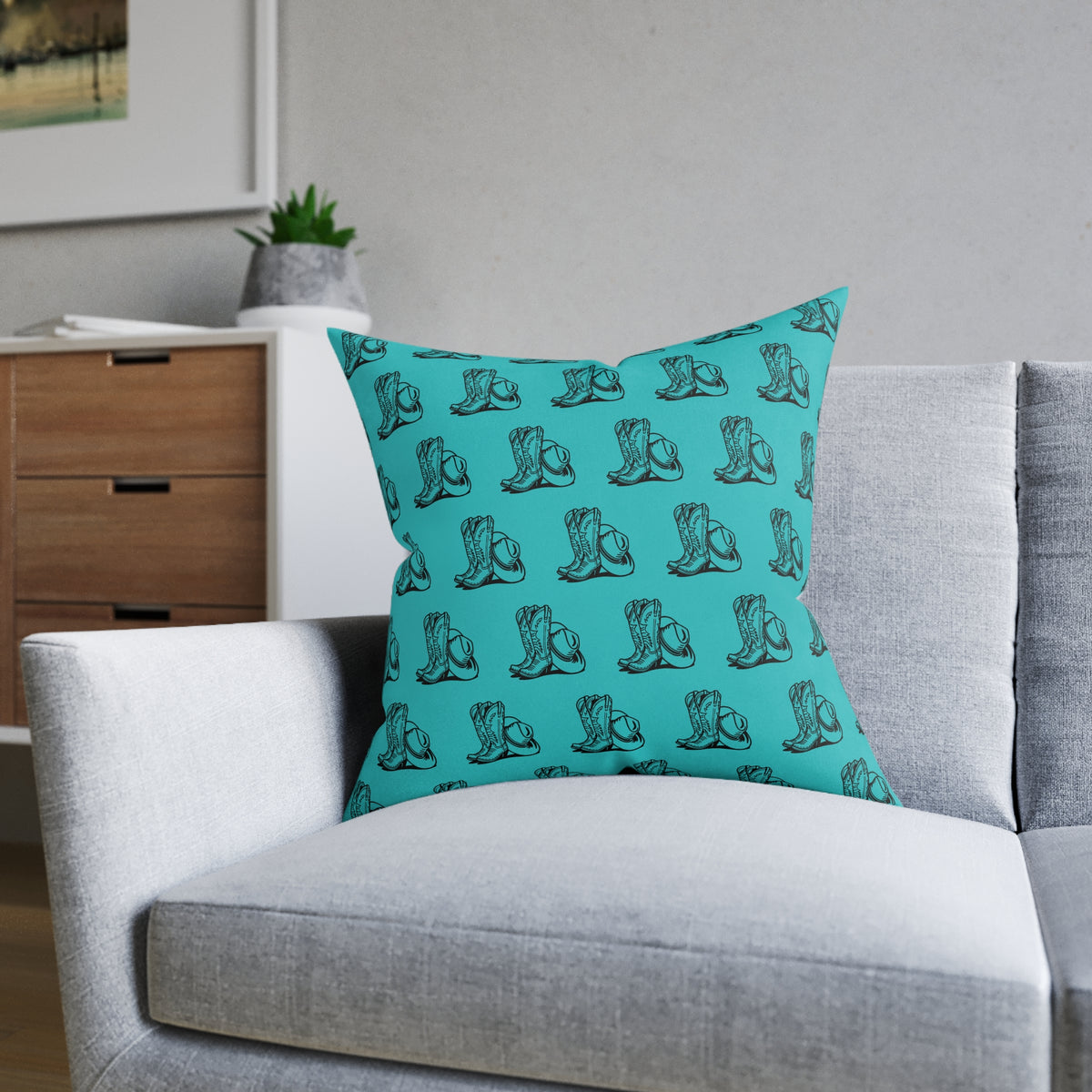 Teal Cowboy Boot Pattern Square Pillow — Western Accent Throw Pillow