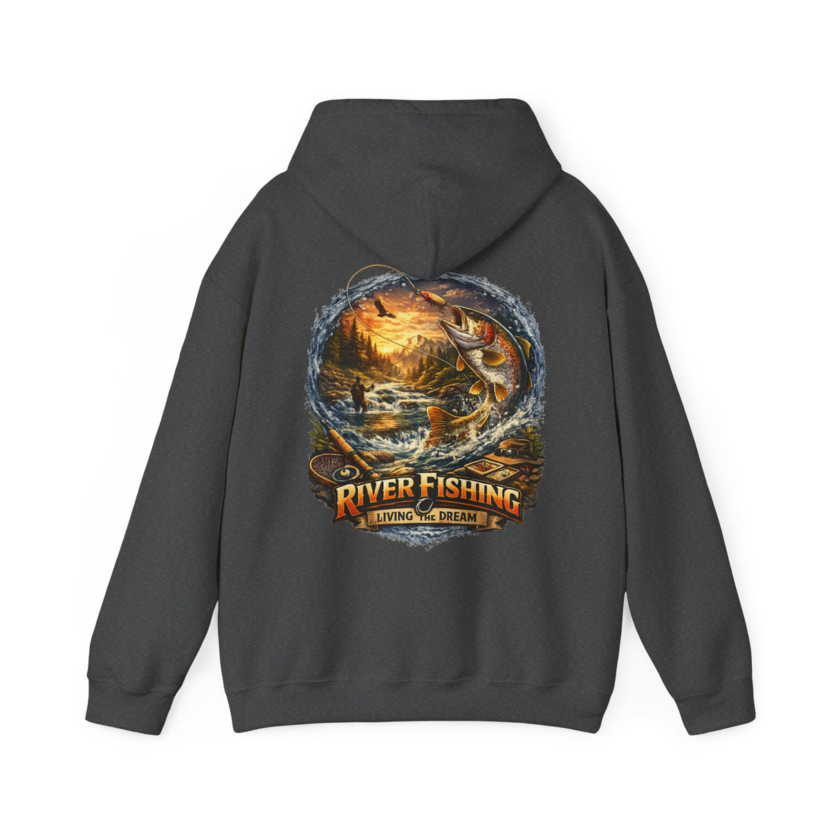 River Fishing Living the Dream Kapuzenpullover mit Rückendruck   Angler Angel-Kapuzenpullover