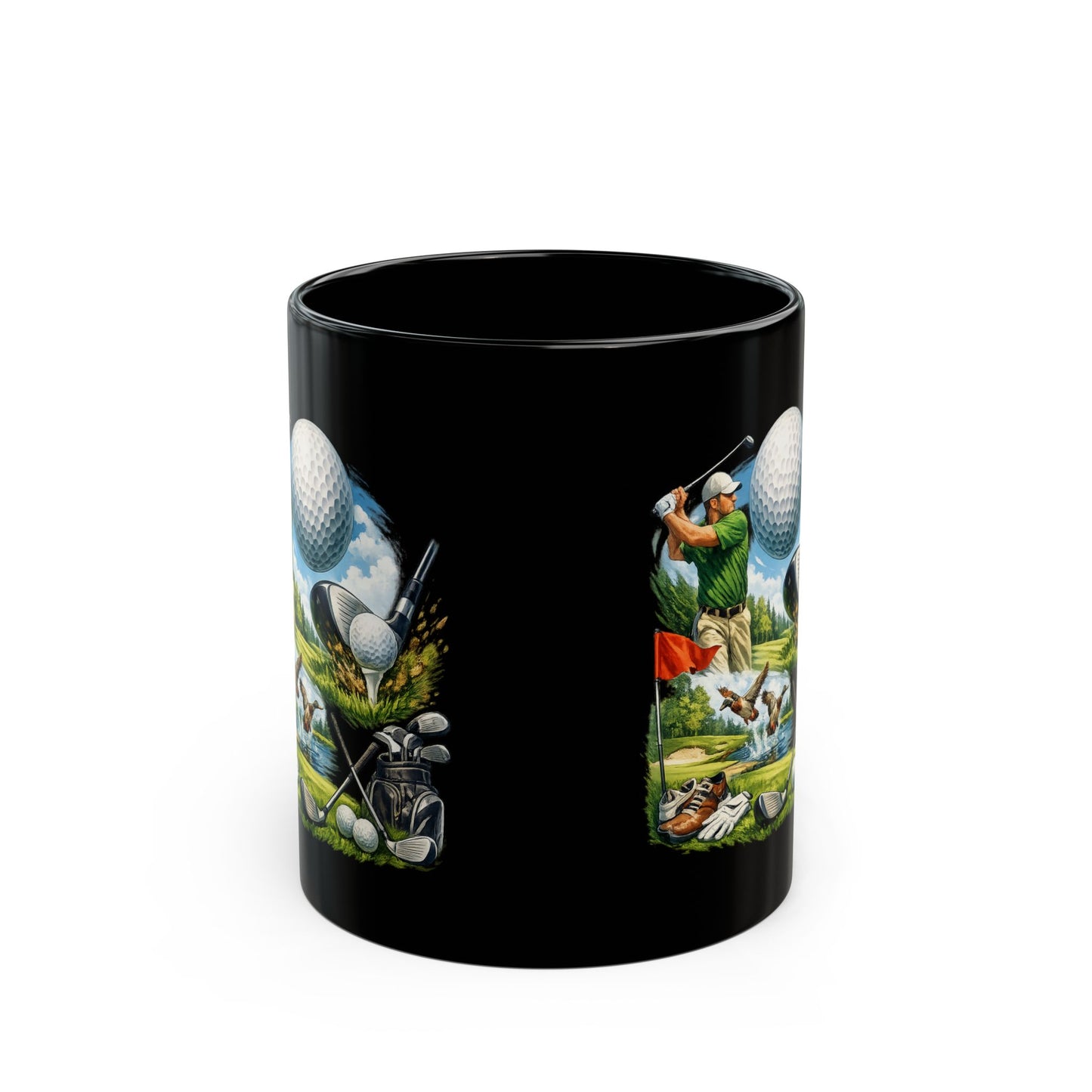 Mug en céramique noire scène de golf     Mug de 325 ml avec illustration sur le thème du golf