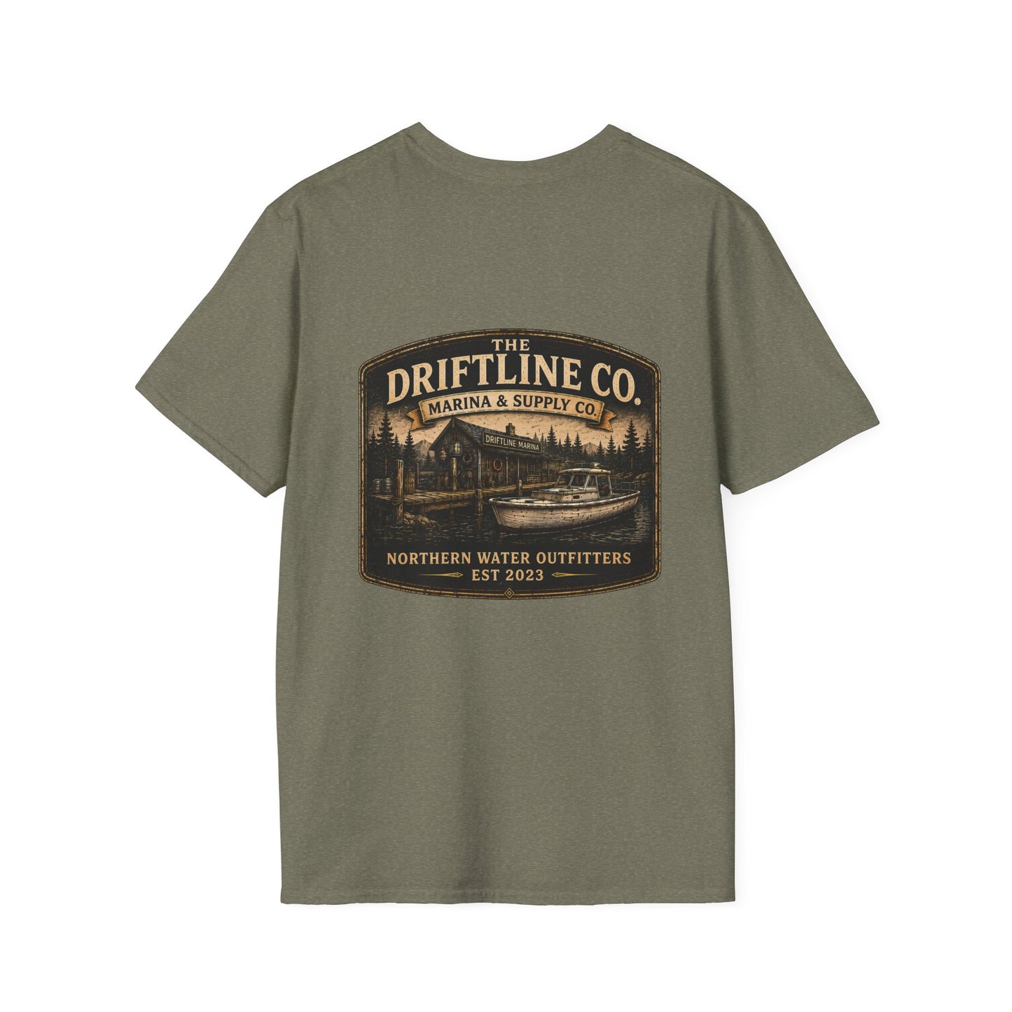 The Driftline Company Marina & Supply Co. Northern Water Outfitters Double-Sided T-Shirt | Vintage Fishing & Boating Tee
