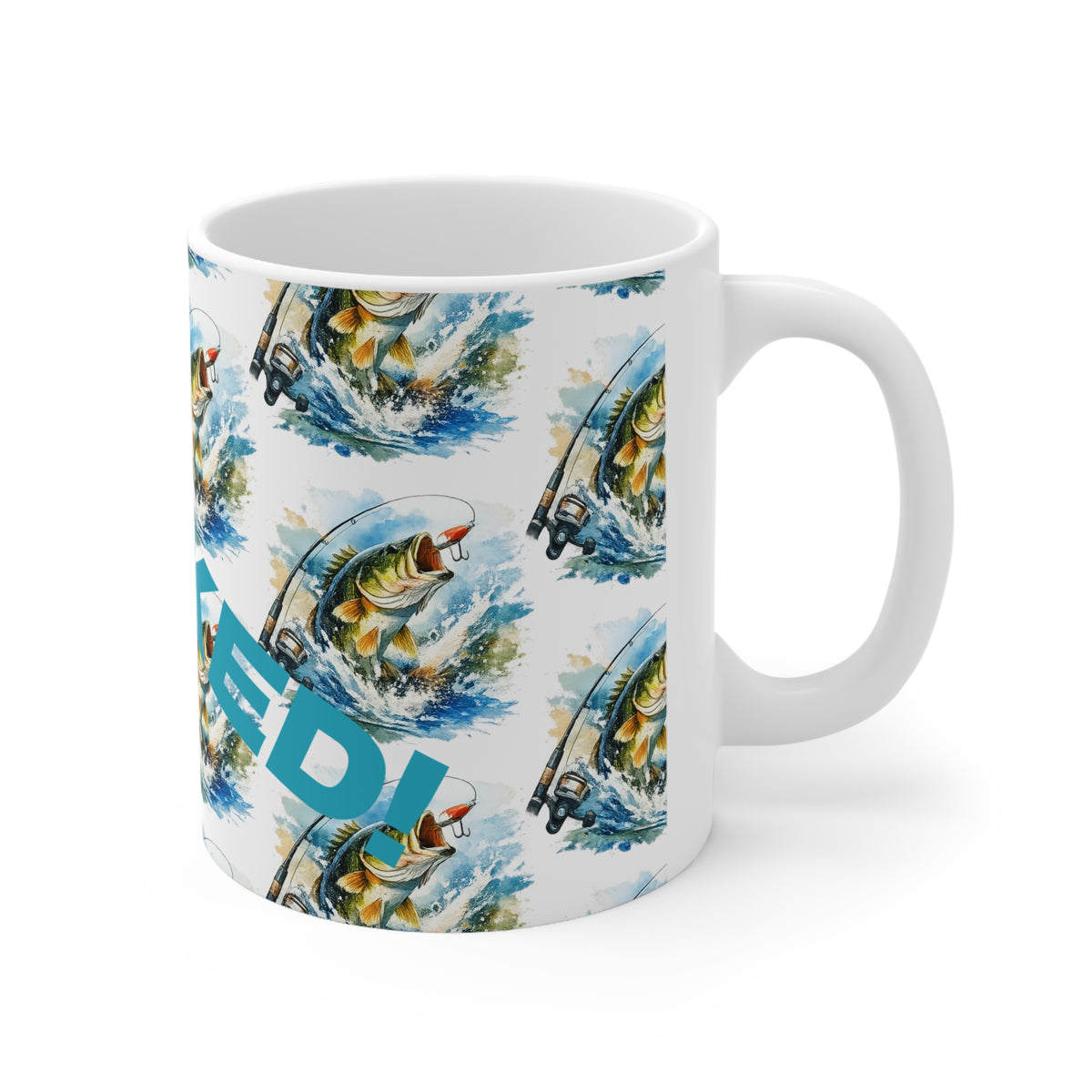 Mug en céramique avec leurre de pêche – Mug avec slogan "Accroché"